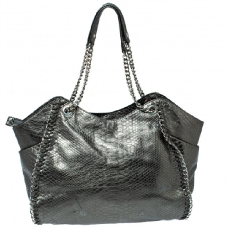 Black MICHAEL Michael Kors Metallic Python Effect Leather Tassel Chain Detail Satchel For Sale