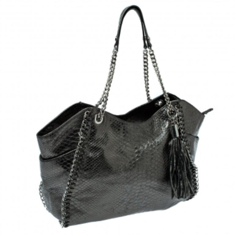 MICHAEL Michael Kors Metallic Python Effect Leather Tassel Chain Detail Satchel In Fair Condition For Sale In Dubai, Al Qouz 2