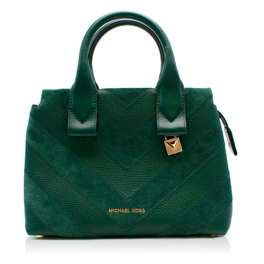 Michael Michael Kors Rollin green small satchel bag 

- Forest-green, grained leather
- Two rolled leather top handles, detachable leather shoulder strap 
- Gold-tone metal hardware
- Forest-green suede chevron panels 
- Protective metal feet,