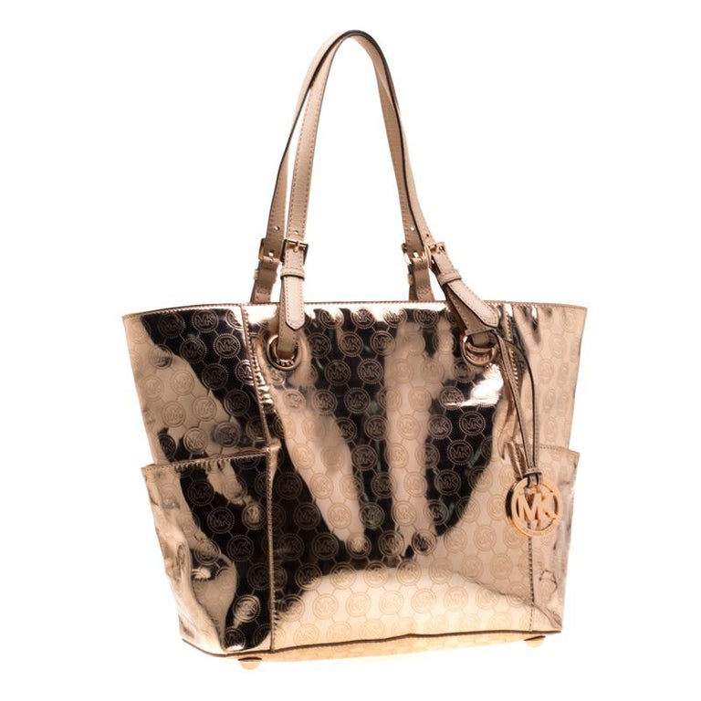 MICHAEL Michael Kors Rose Gold Metallic Mirror Signature PVC East-West Tote  For Sale at 1stDibs