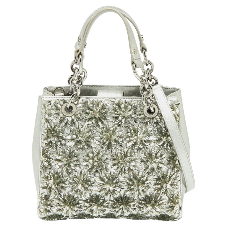 MICHAEL Michael Kors Silver Leather Floral Burst Tote For Sale at 1stDibs