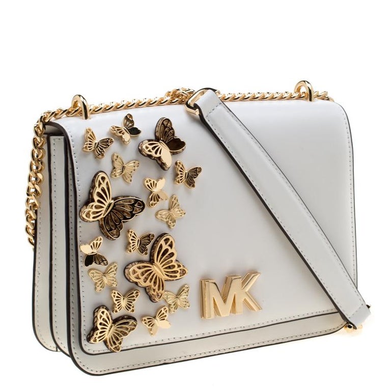 Michael Michael Kors White Leather Mott Butterfly Chain Shoulder Bag