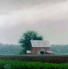 "Granero bajo la lluvia" (2025), Paisaje agrícola original del Medio Oeste, Pintura al óleo