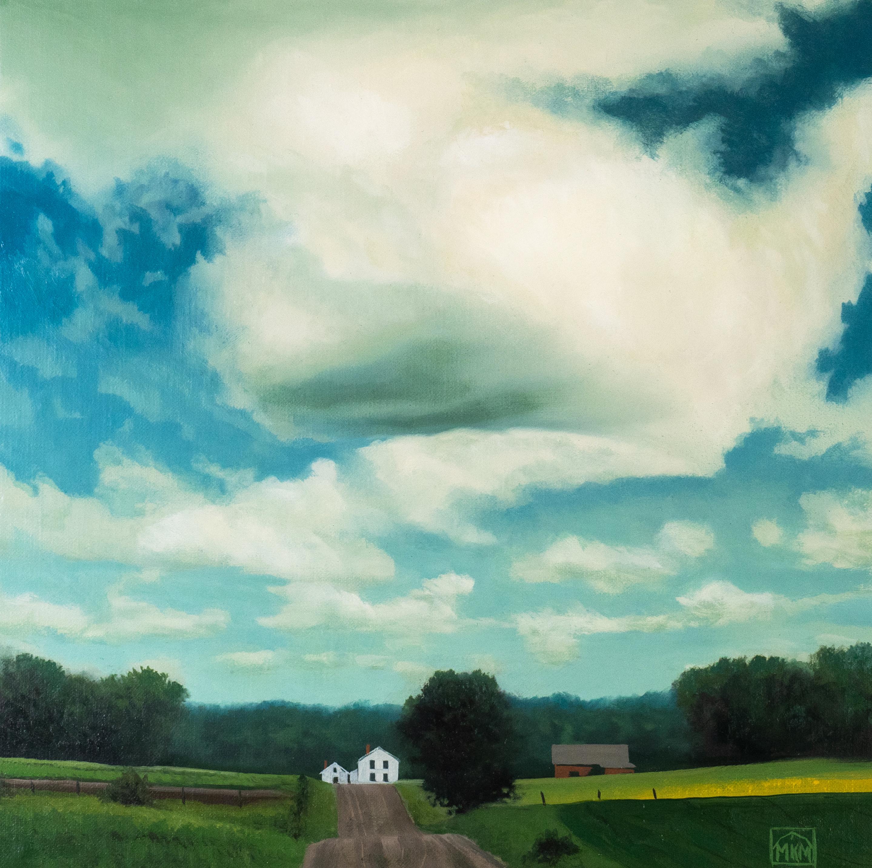 "Camp Road" (2024) de Michael Miller, pintura al óleo original de un paisaje del Medio Oeste