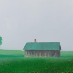 "Spring Morning" - Contemporary Realist Oil Painting of Rural Barns, 2024