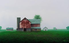 "Spring Morning" - Contemporary Realist Oil Painting of Rural Barns, 2024