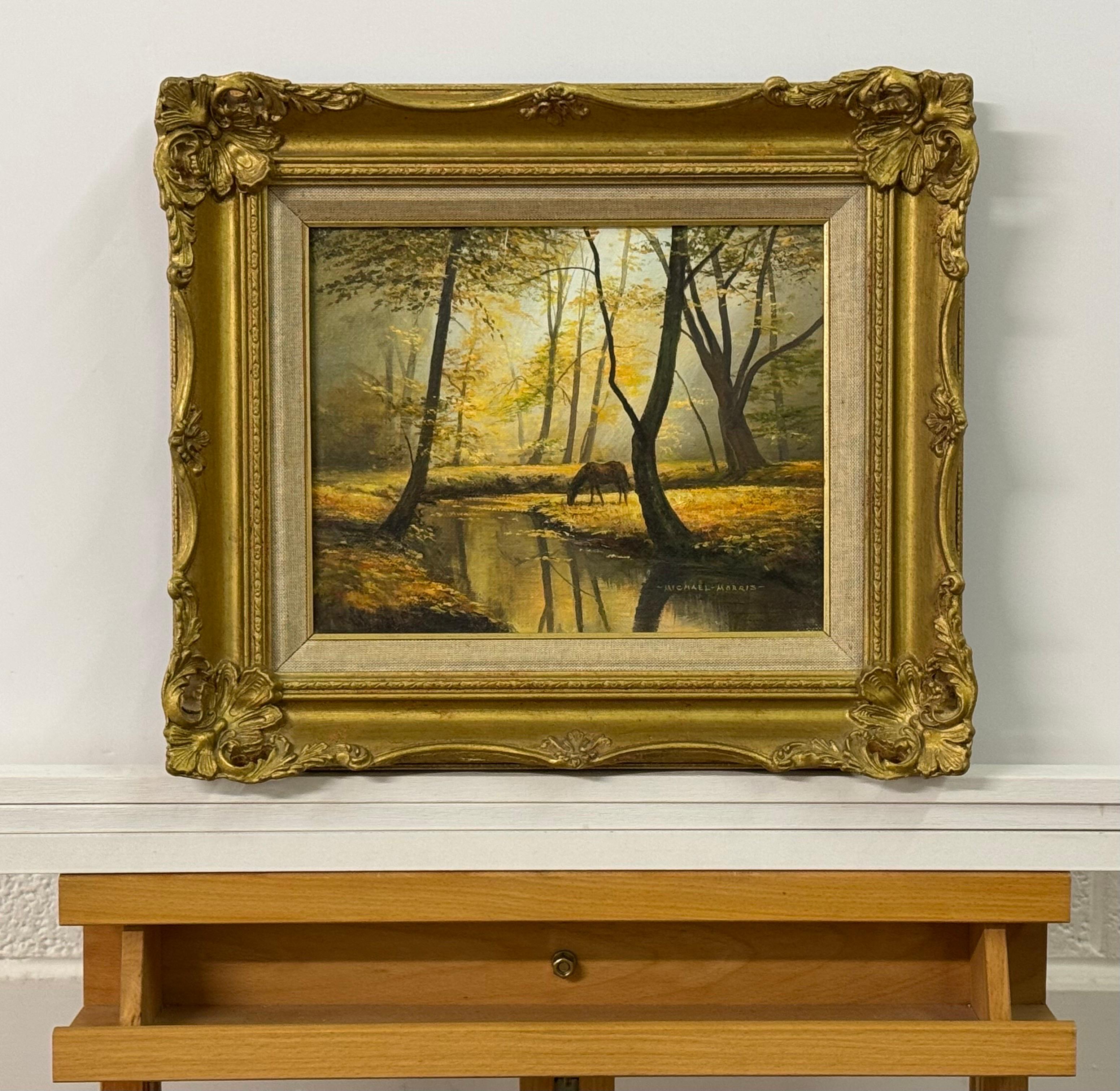 Caballo junto al río en el bosque de la campiña inglesa por un artista británico en venta 6