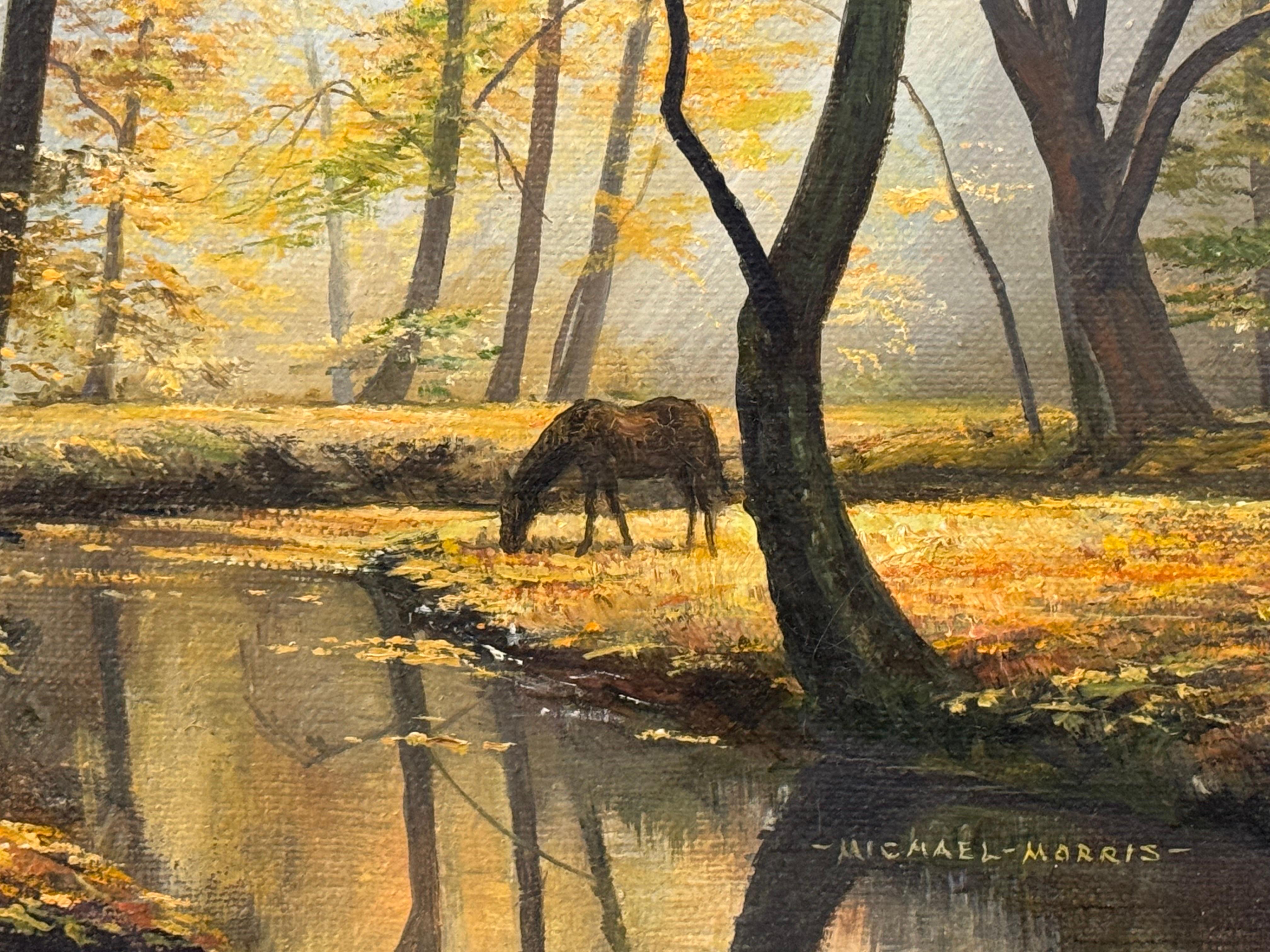 Caballo junto al río en el bosque de la campiña inglesa por un artista británico en venta 8