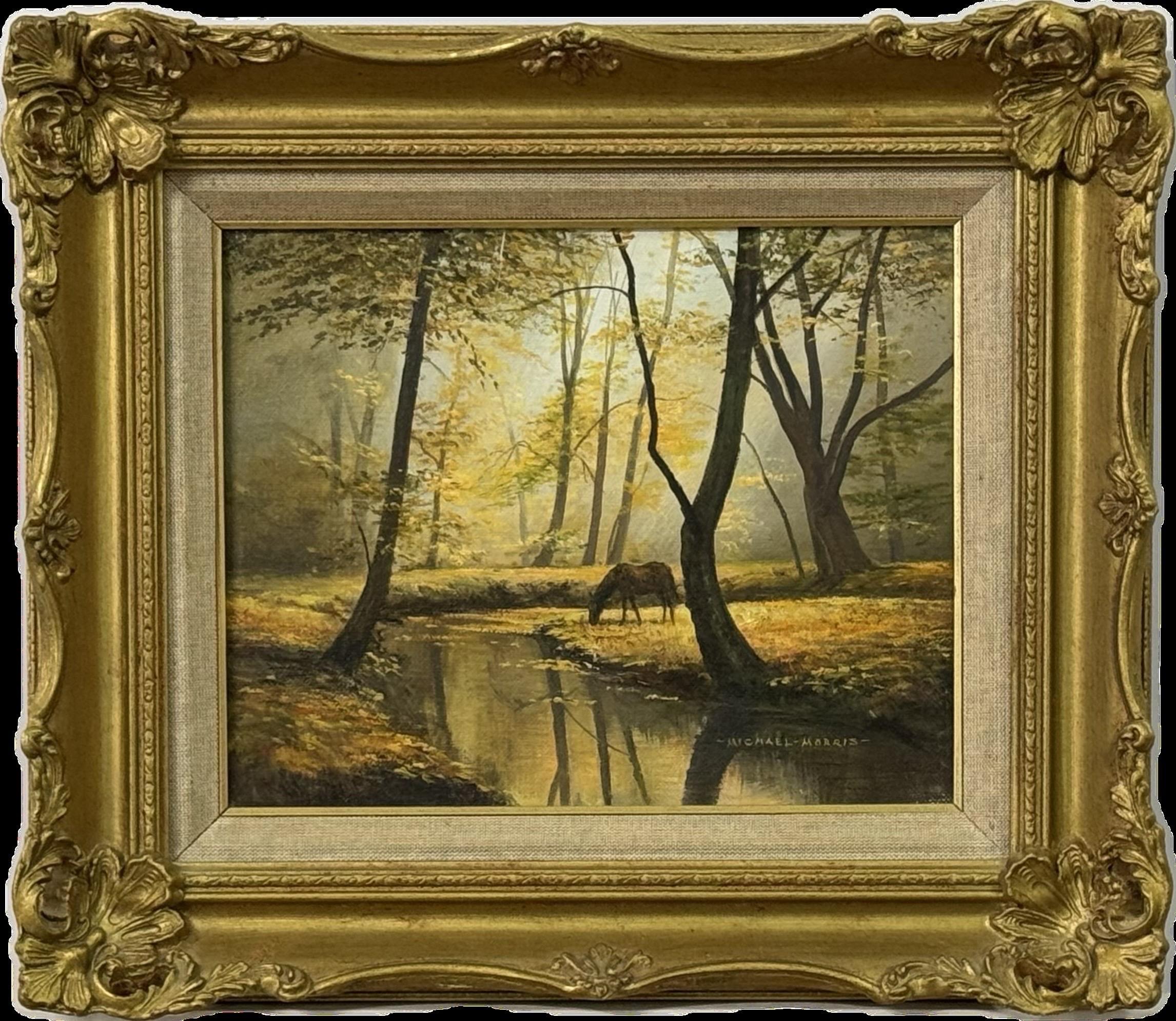 Caballo junto al río en el bosque de la campiña inglesa por un artista británico en venta 13