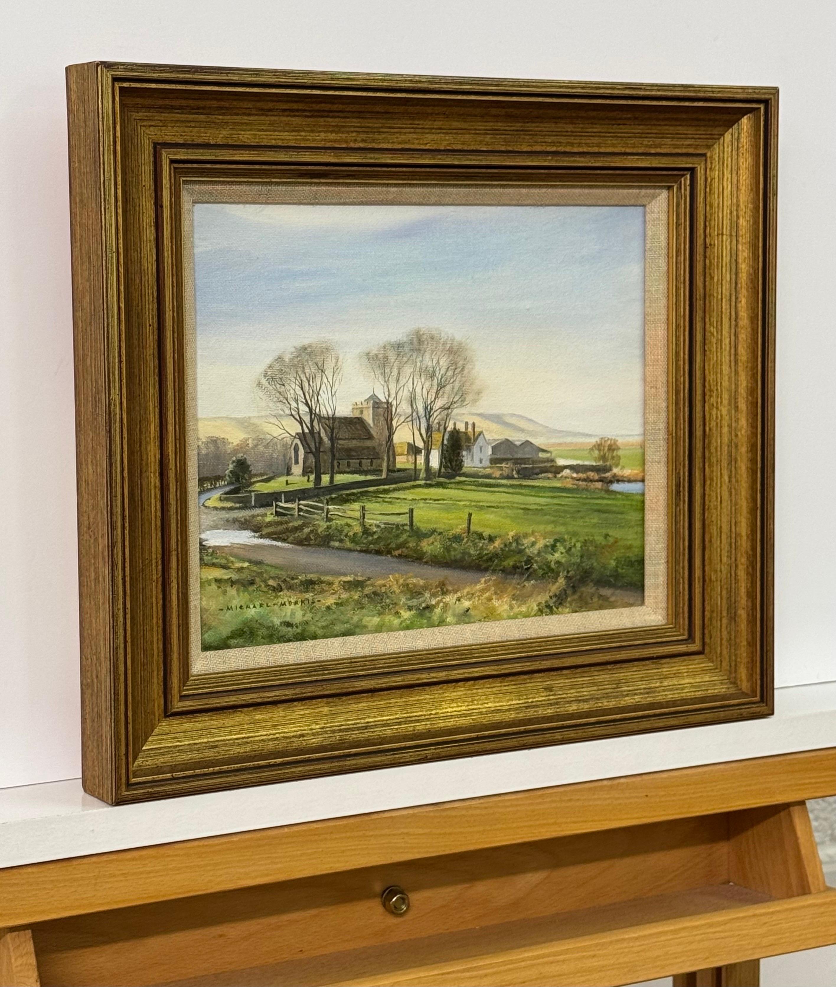 Paisaje rural, iglesia, casitas, carretera sinuosa, luz suave, encanto intemporal - Painting de Michael Morris