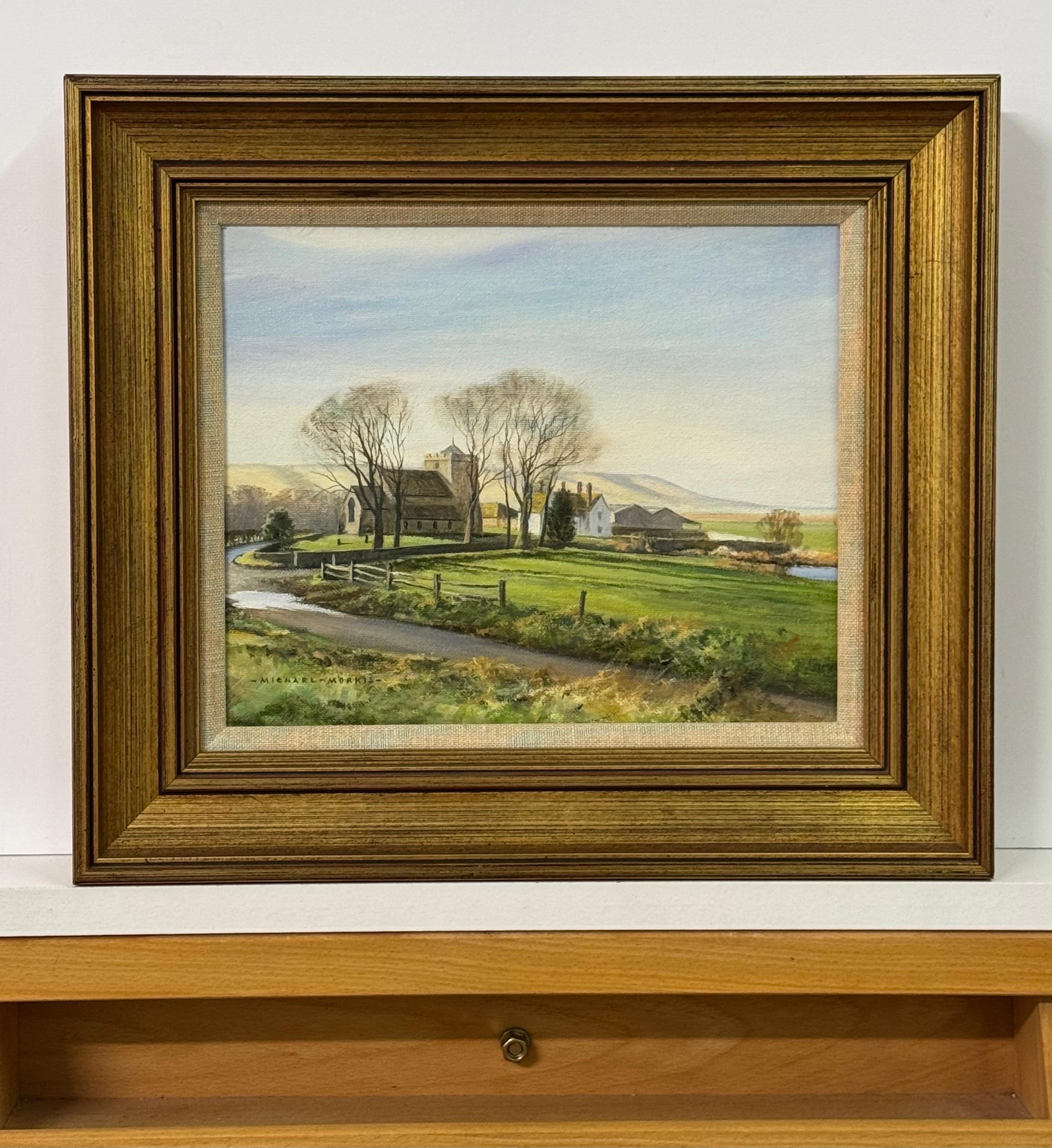 Paisaje rural, iglesia, casitas, carretera sinuosa, luz suave, encanto intemporal - Painting Realista de Michael Morris