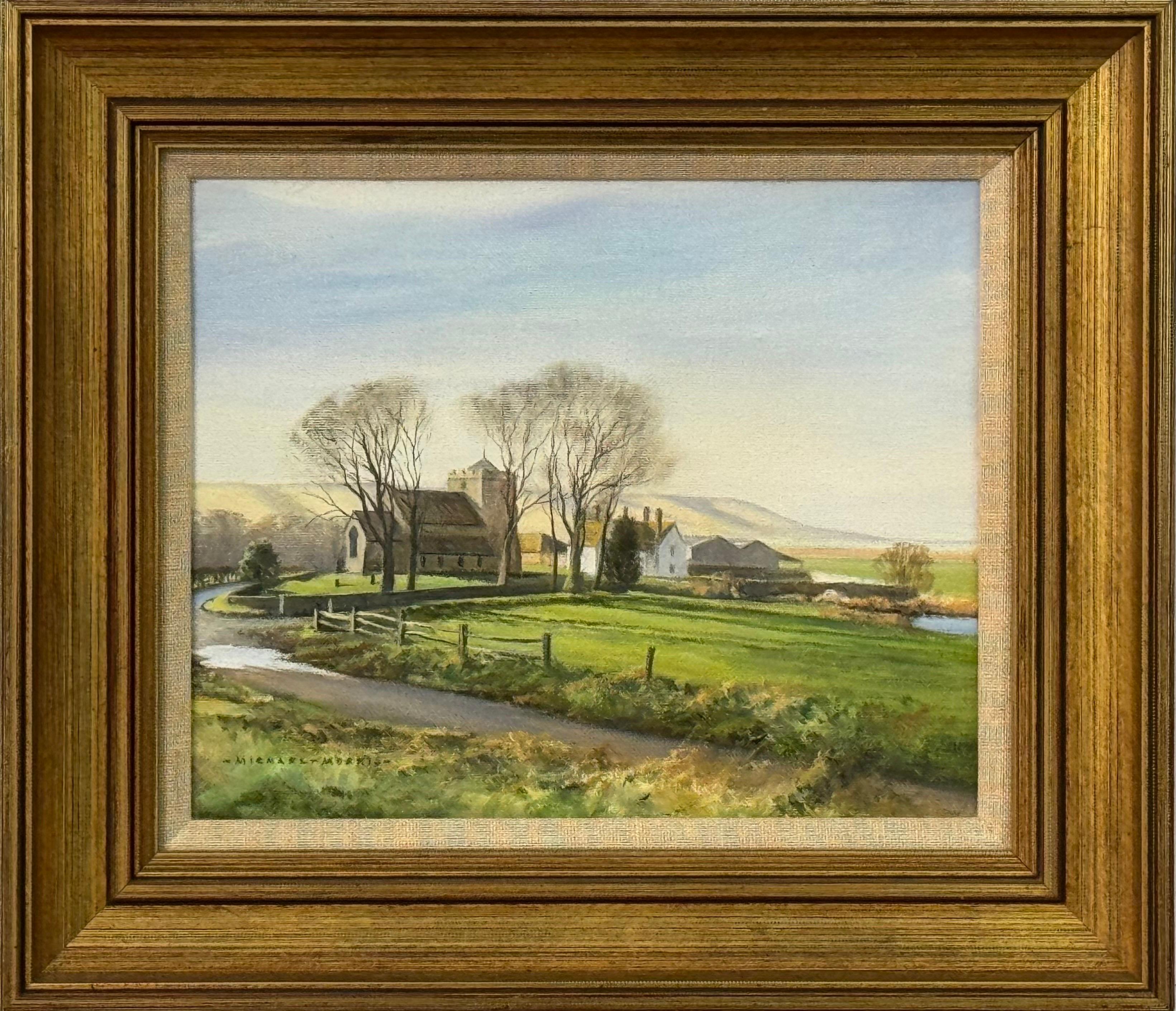 Landscape Painting de Michael Morris - Paisaje rural, iglesia, casitas, carretera sinuosa, luz suave, encanto intemporal