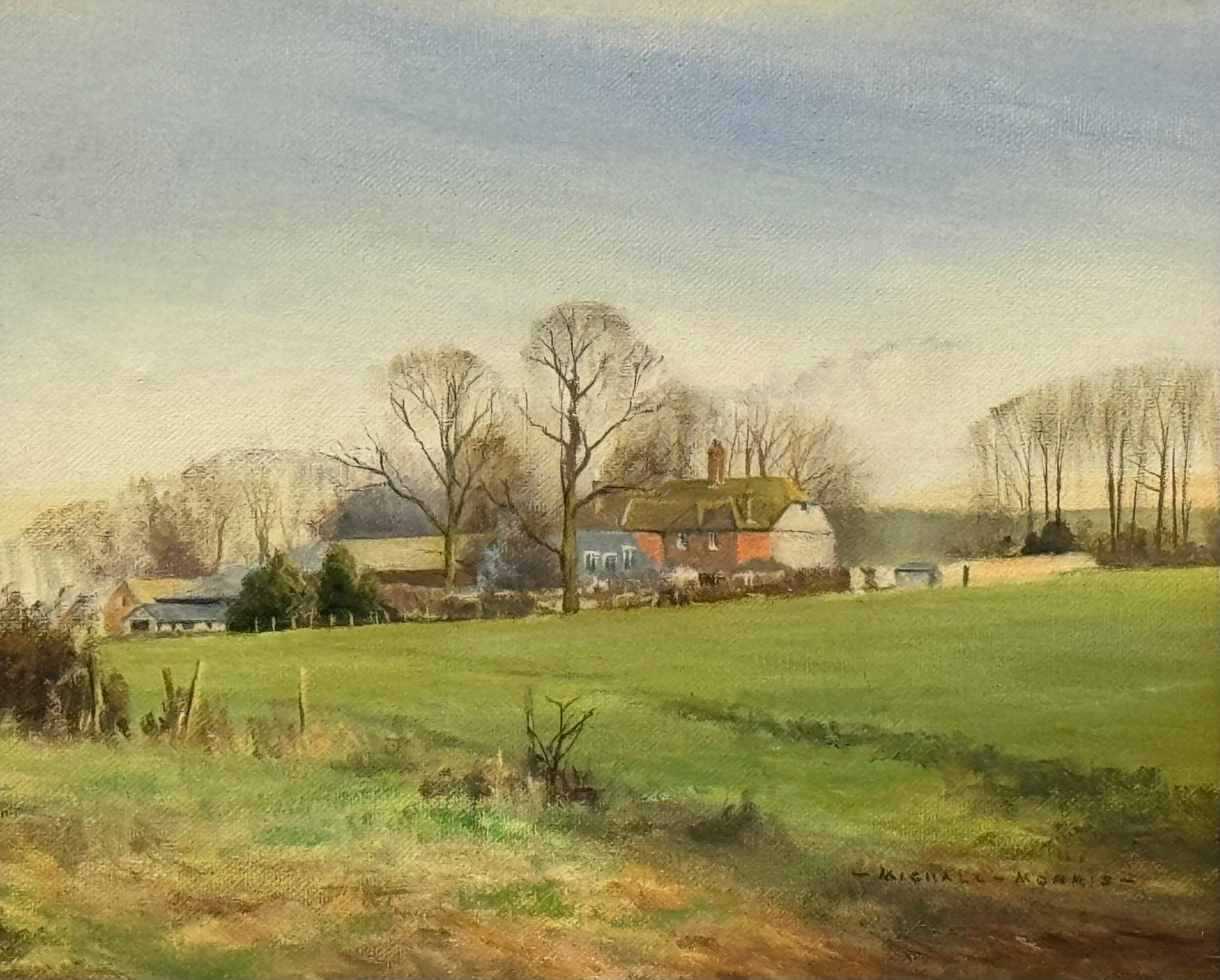 Scène de campagne paisible avec ferme, champs ouverts, lumière douce et Nostalgia en vente 9