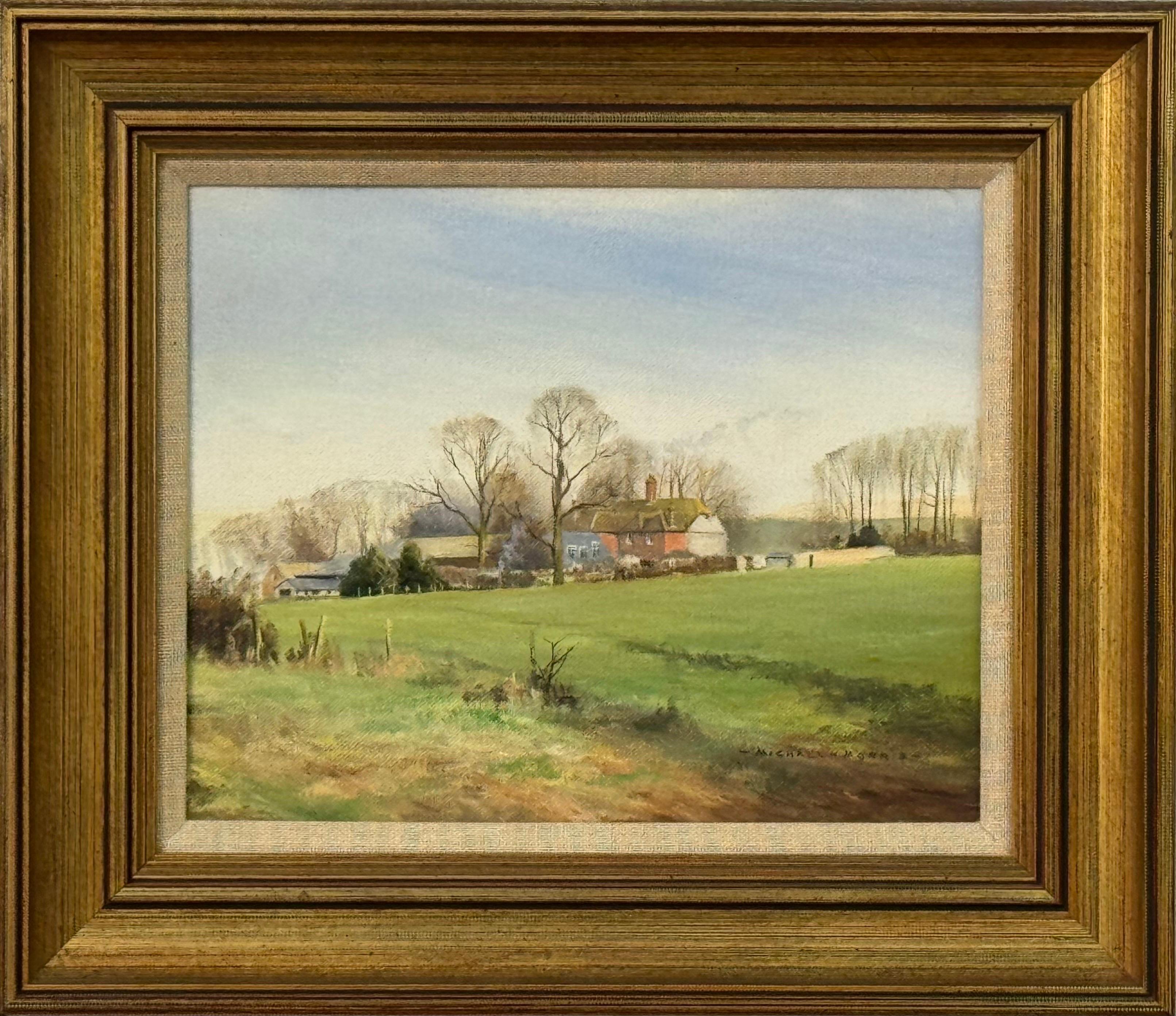 Tranquil countryside scene with farmhouse, open fields, soft light & nostalgia