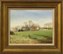 Scène de campagne paisible avec ferme, champs ouverts, lumière douce et Nostalgia