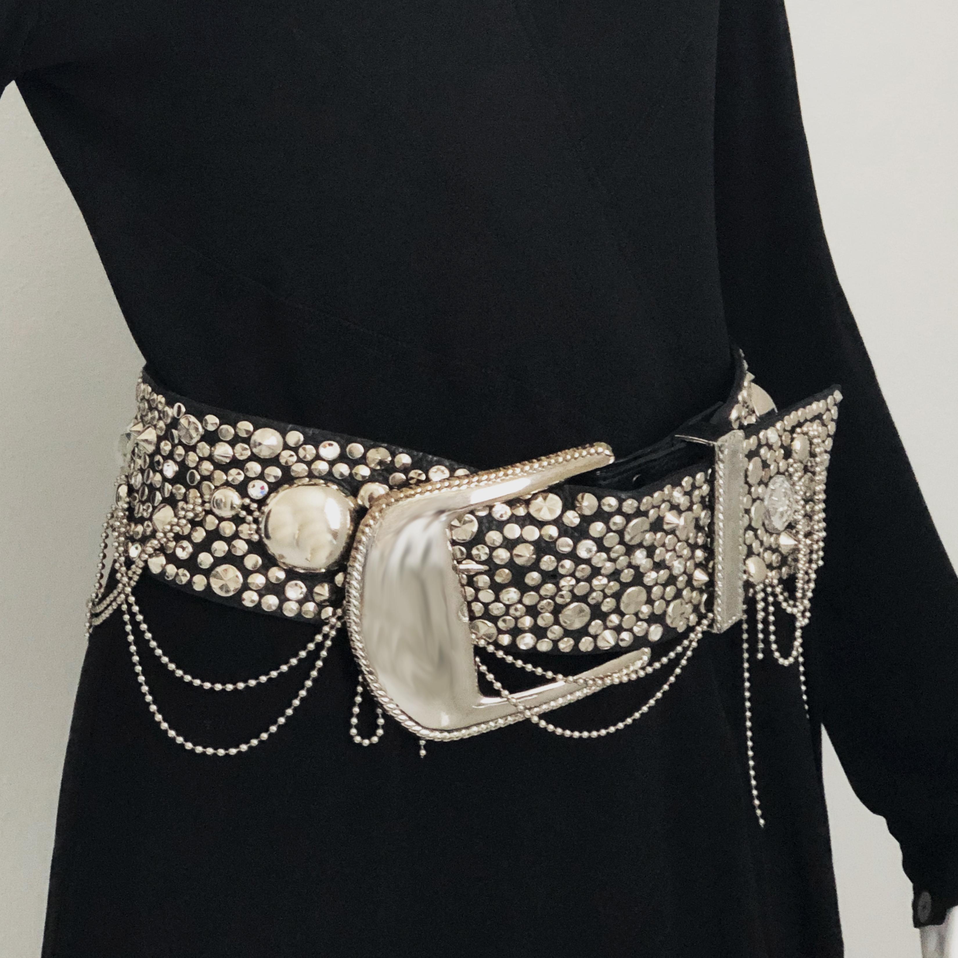 Black Michael Morrison MX Inc Wide Belt Chains Studs Crystals Embellished Sz S