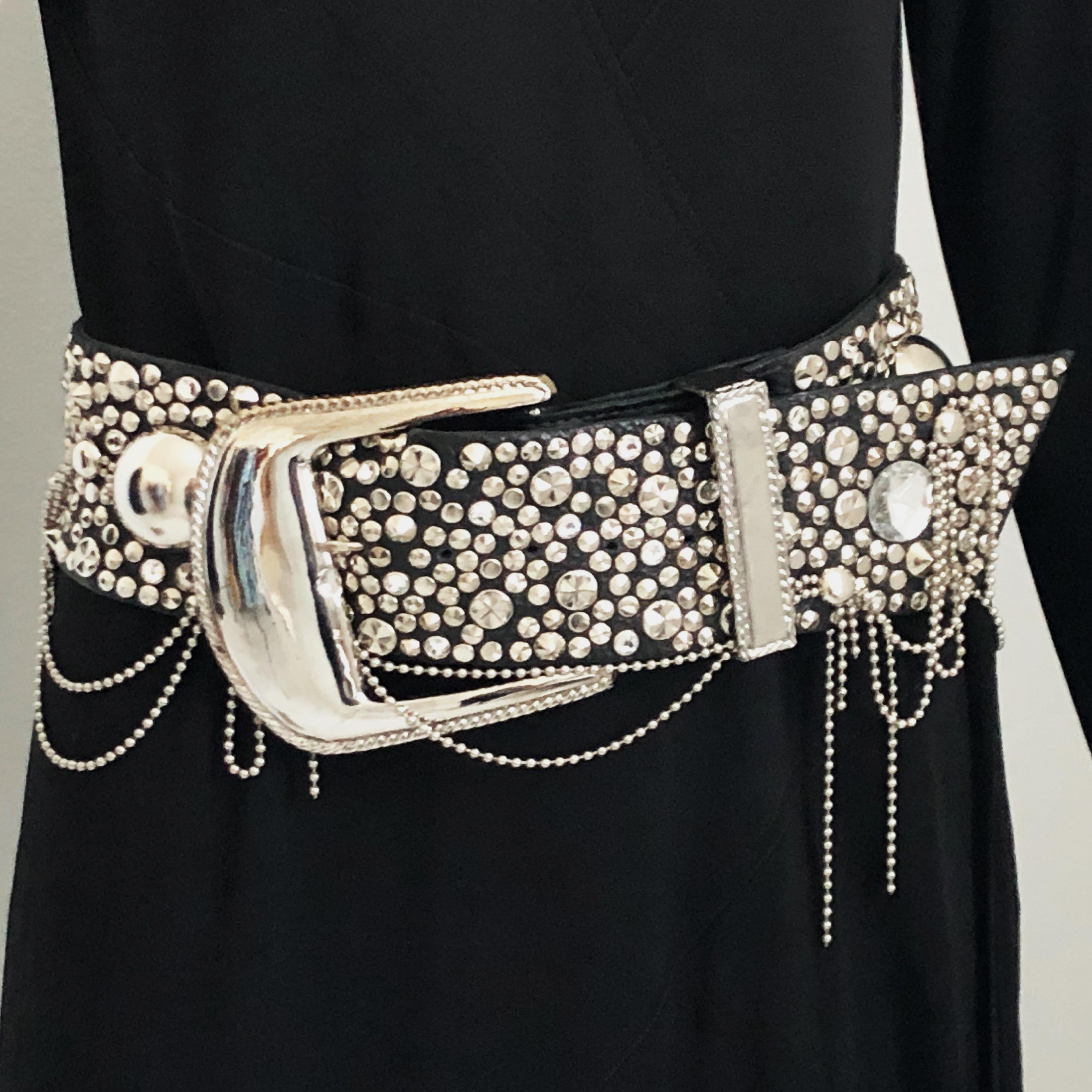 Michael Morrison MX Inc Wide Belt Chains Studs Crystals Embellished Sz S In Good Condition In Port Saint Lucie, FL