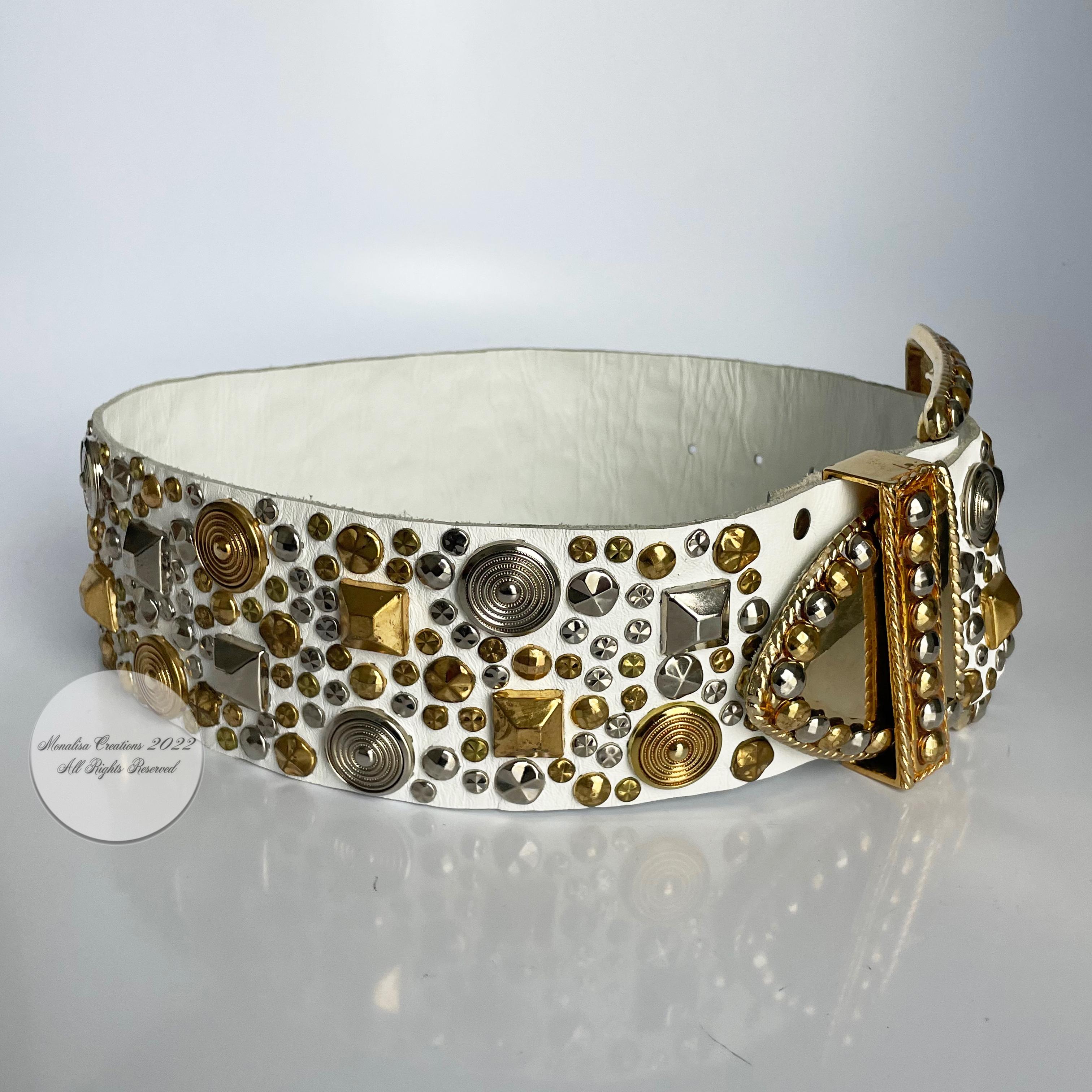 Brown Michael Morrison MX Wide Belt with Studs White Leather Brass Vintage 80s