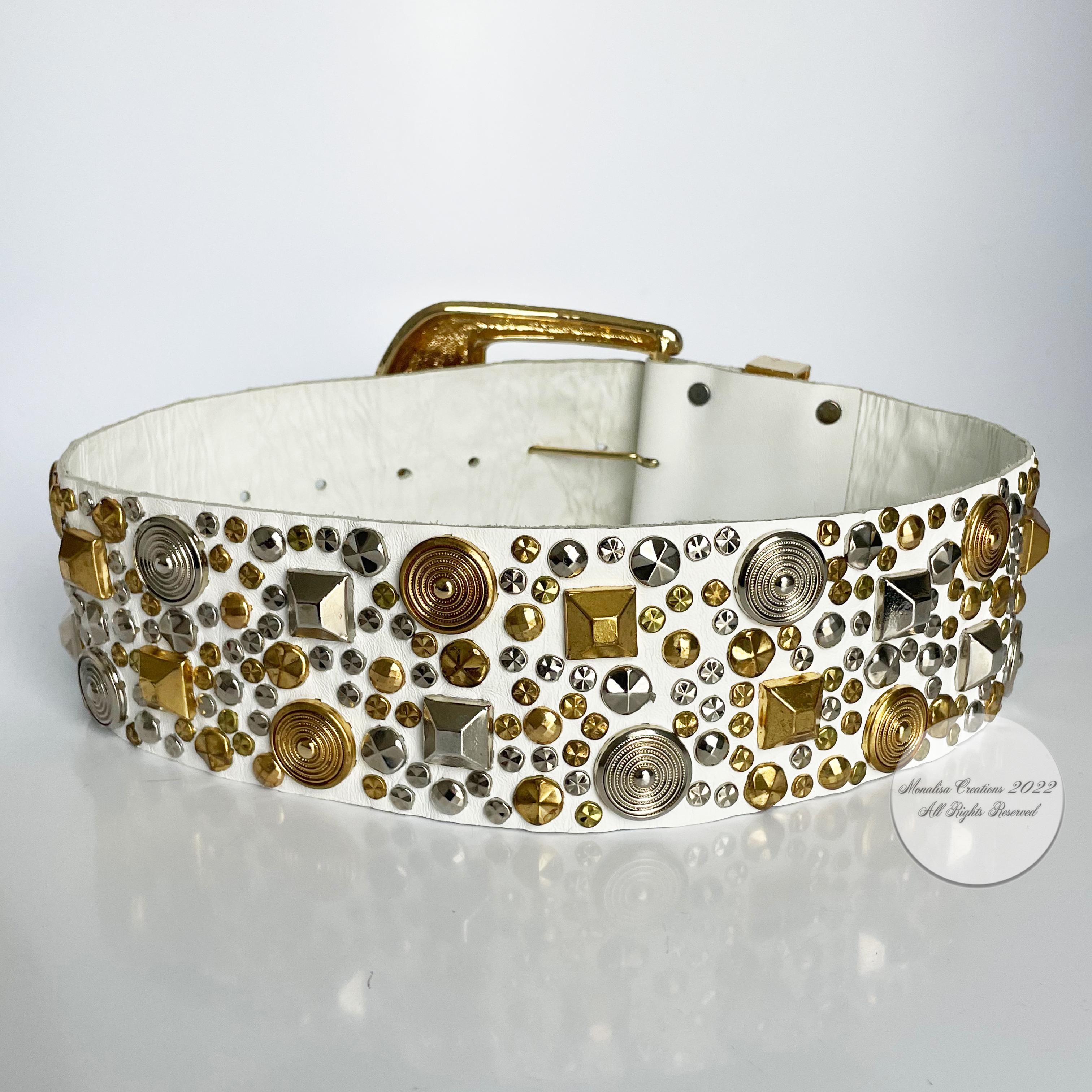 Michael Morrison MX Wide Belt with Studs White Leather Brass Vintage 80s  In Good Condition In Port Saint Lucie, FL