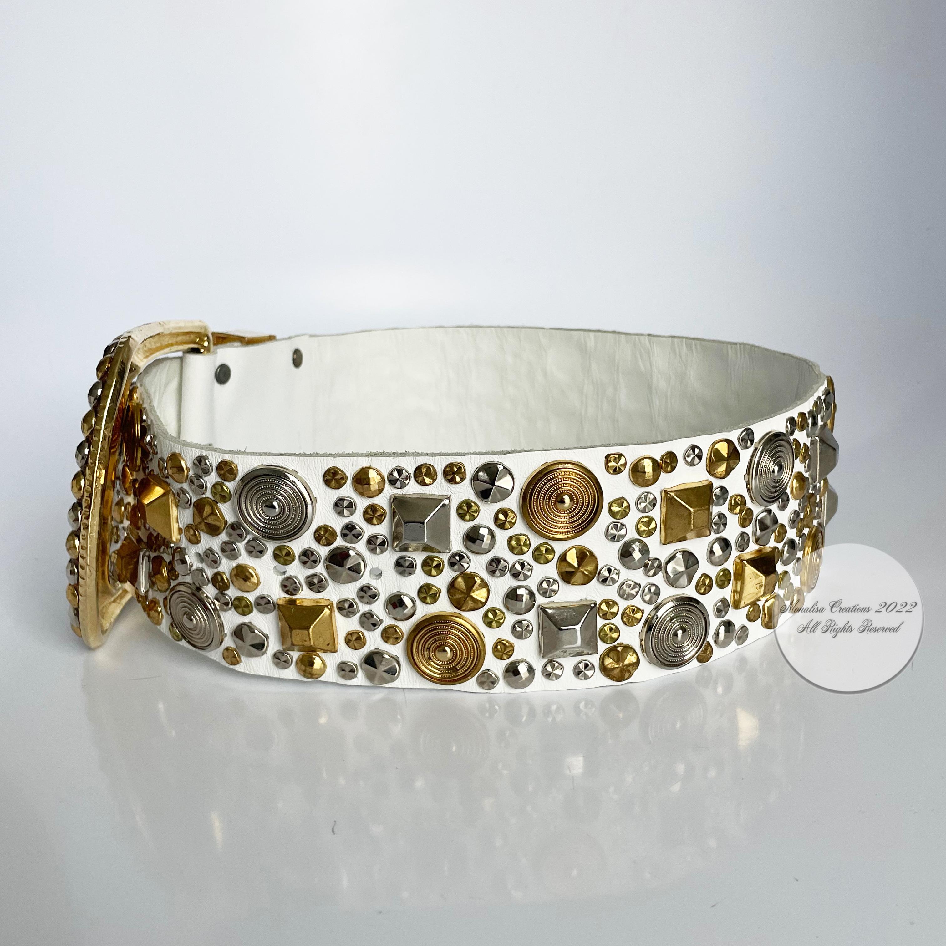 Women's or Men's Michael Morrison MX Wide Belt with Studs White Leather Brass Vintage 80s 