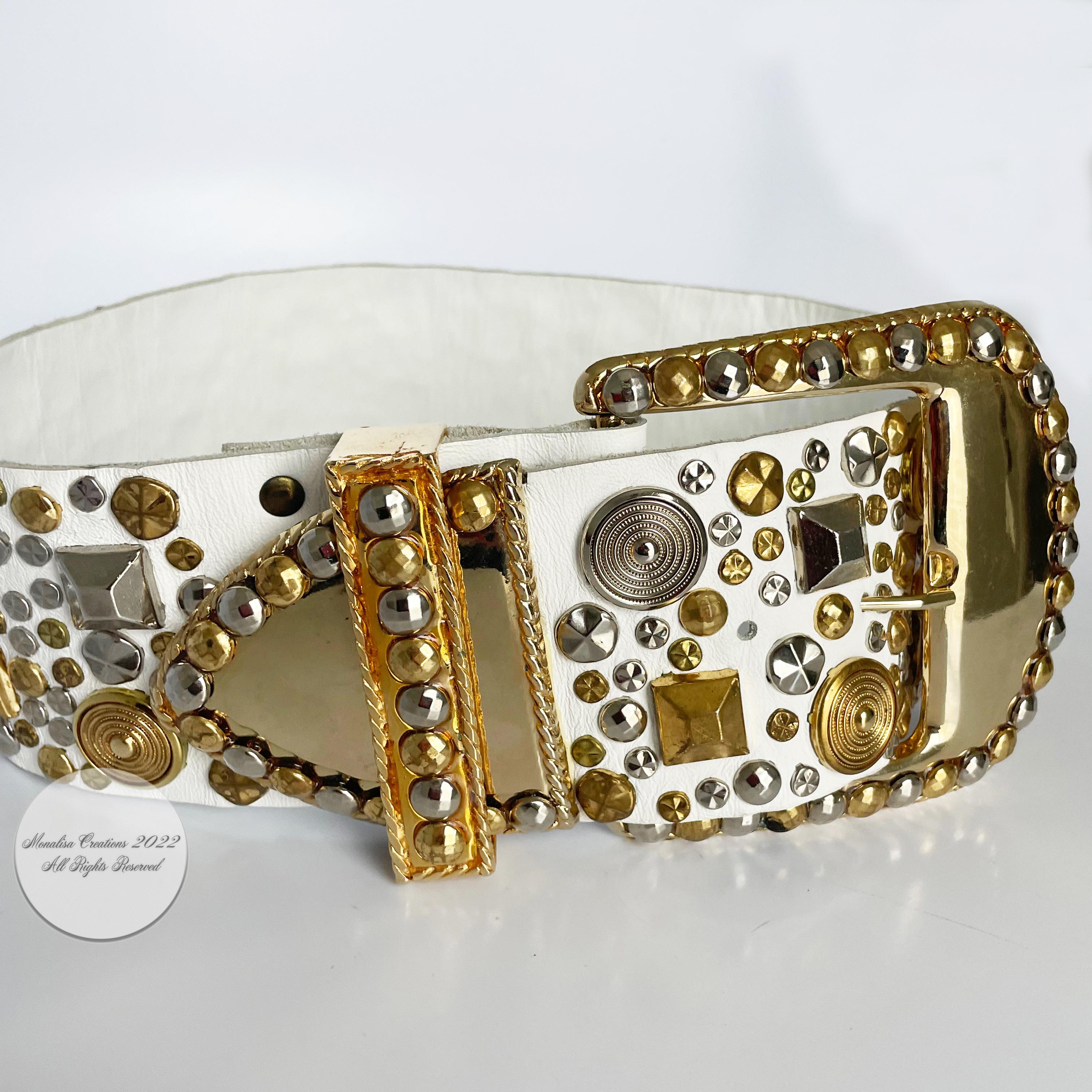 Michael Morrison MX Wide Belt with Studs White Leather Brass Vintage 80s 1