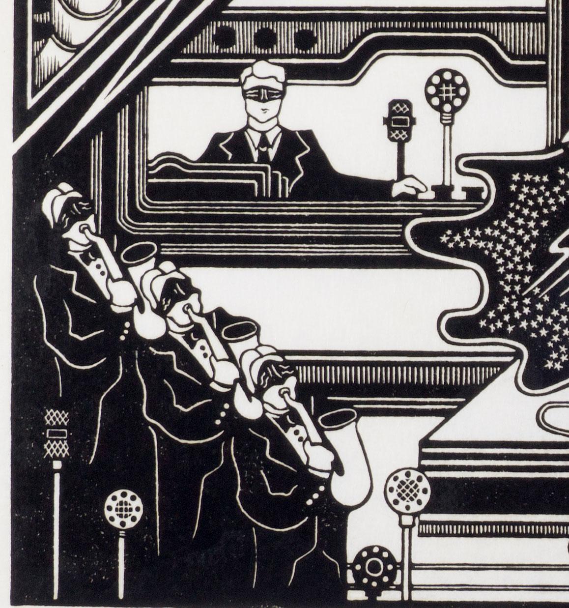 The Night Wind (Art deco image of a radio show / people listening, singer+band) - Print by Michael Murphy