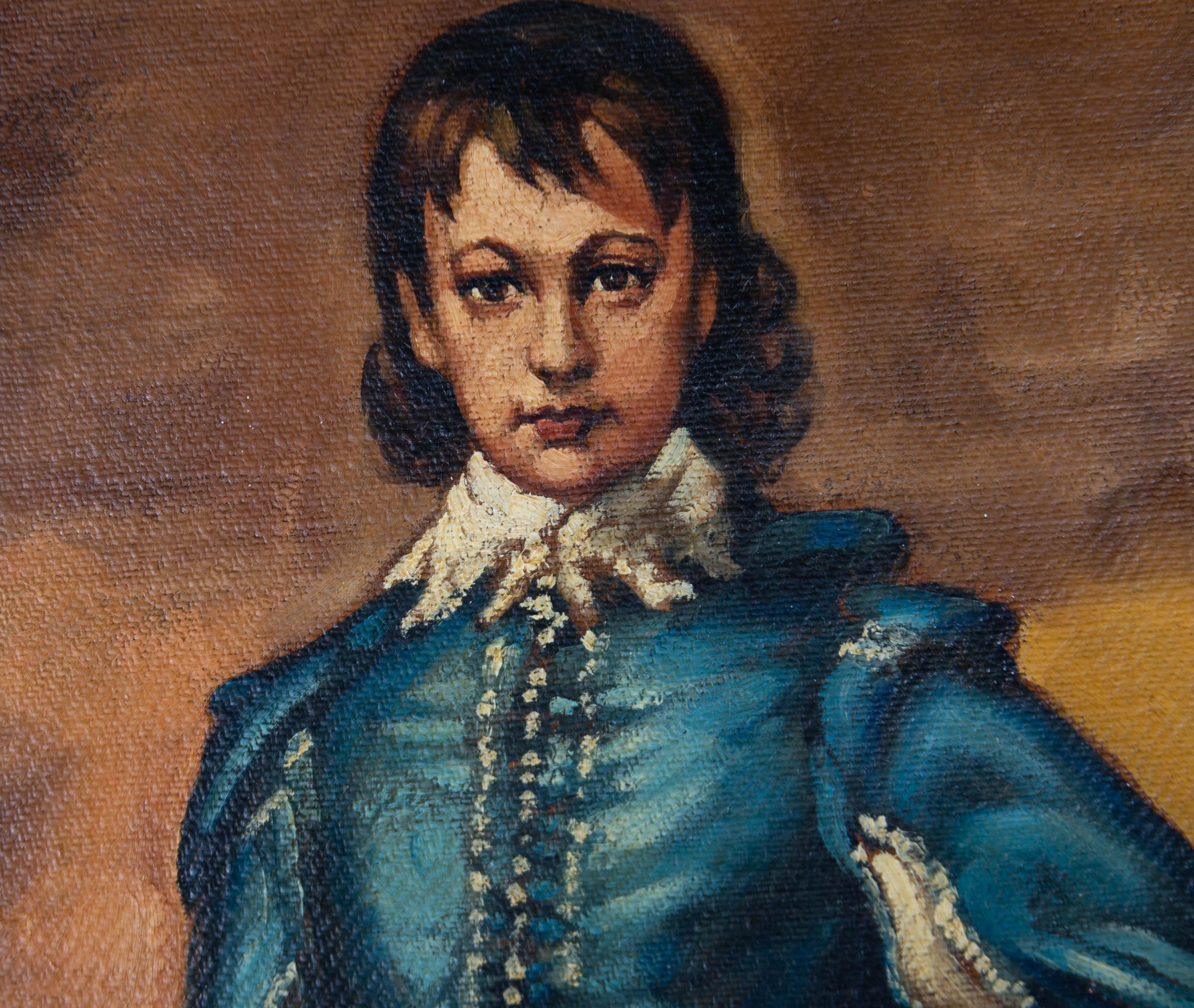 A contemporary copy of Thomas Gainsborough RA FRSA's (1727-1788) iconic portrait 'The Blue Boy' (c.1770). Presented in an ornate gilt-effect wooden frame. Signed to the lower-right edge. On canvas board.
