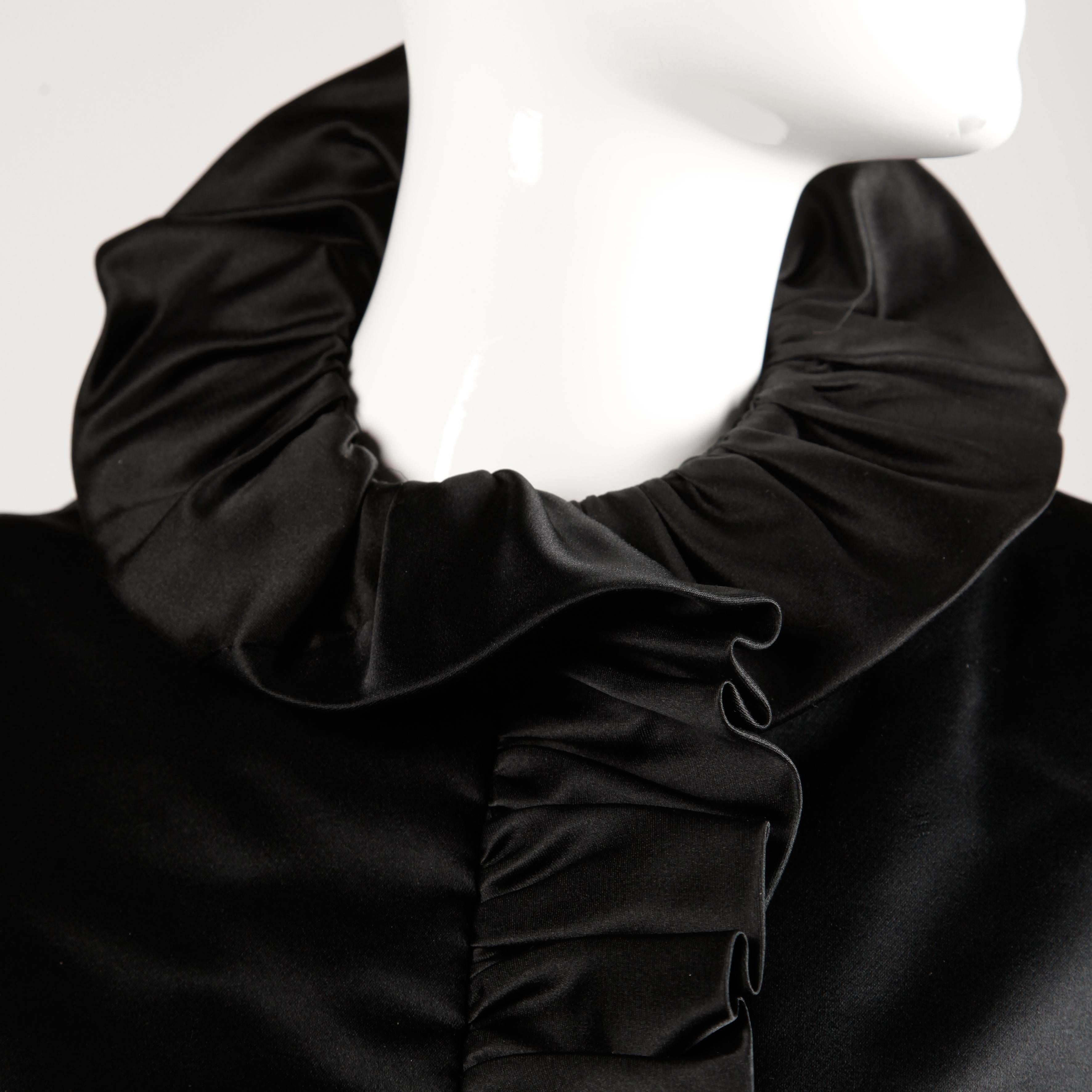 Michael Novarese Vintage 1970s Black Silk Satin Evening Jacket with Ruffle In Excellent Condition For Sale In Sparks, NV