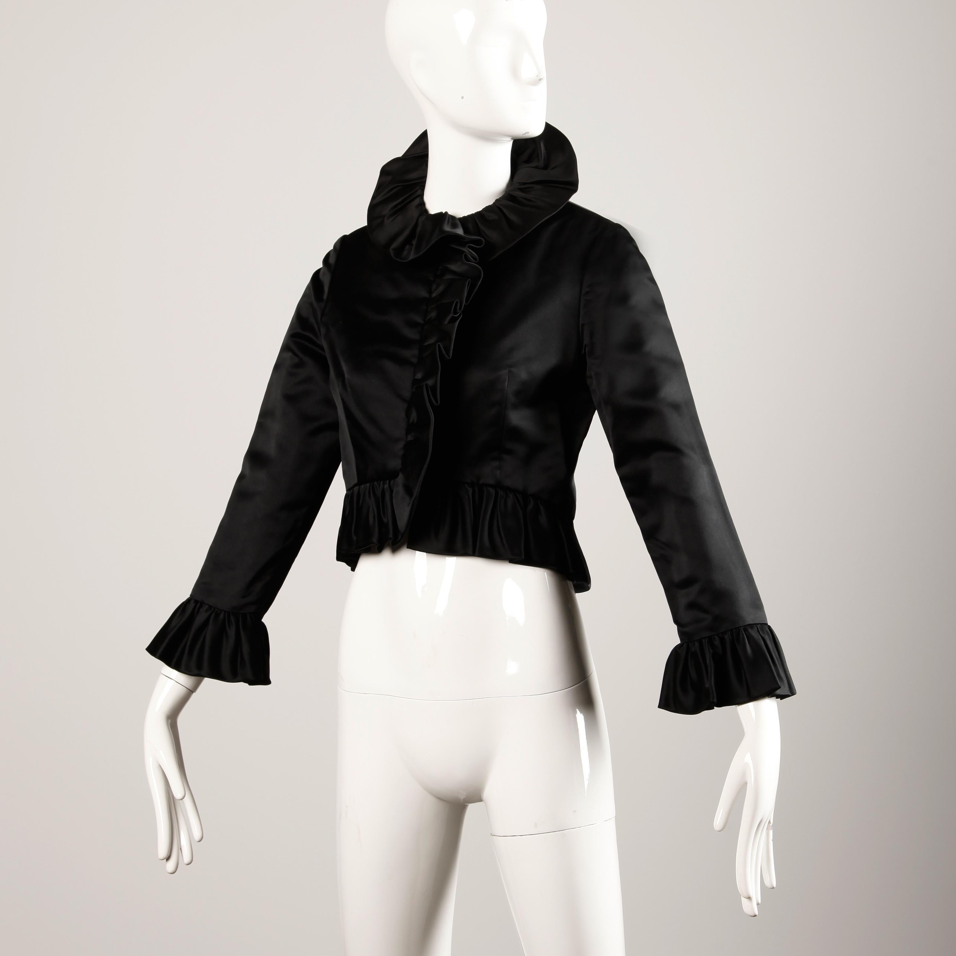 Michael Novarese Vintage 1970s Black Silk Satin Evening Jacket with Ruffle For Sale 2