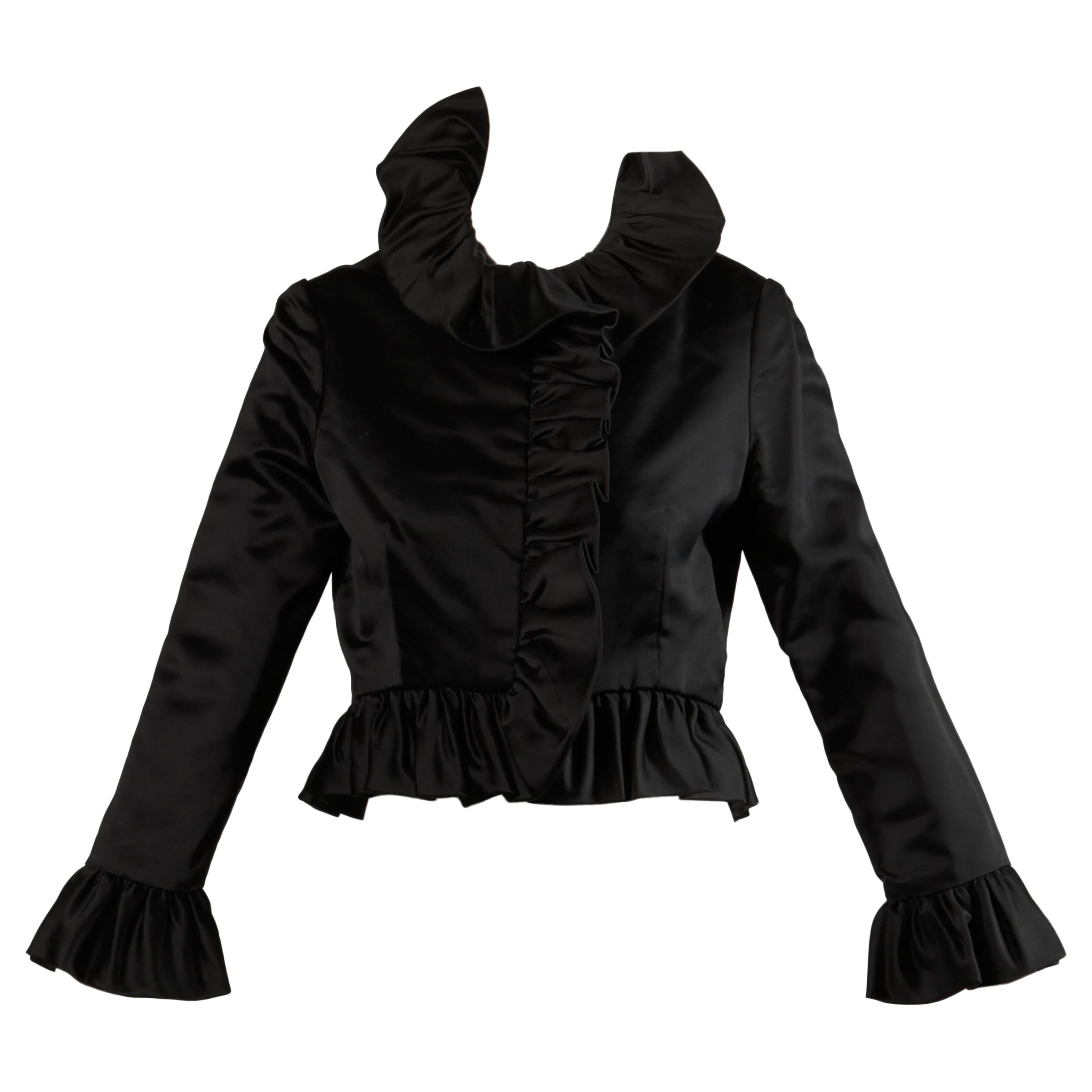 Michael Novarese Vintage Años 70 Chaqueta de noche de raso de seda negra con volante