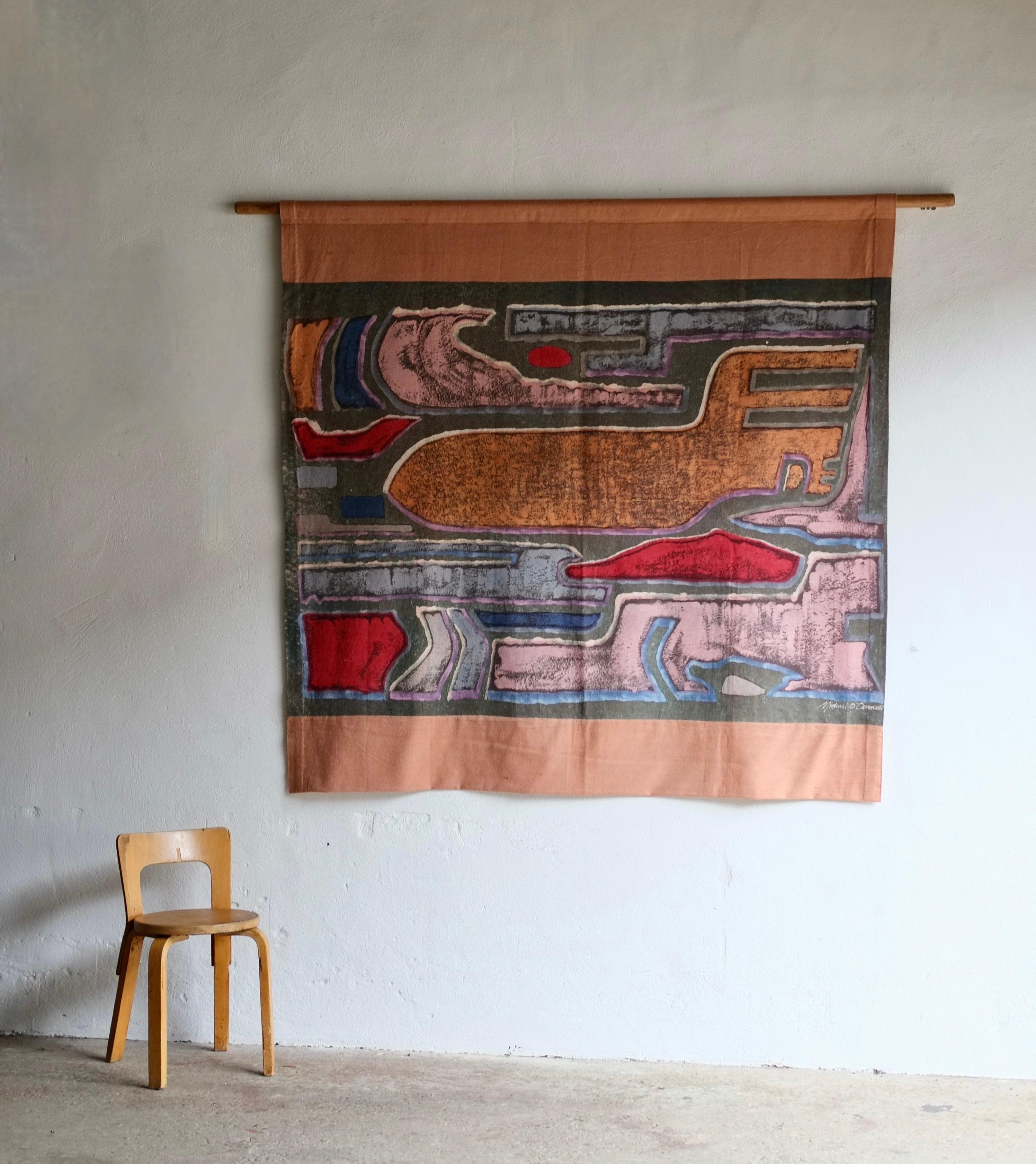 A midcentury paste resist on cotton wall hanging by British artist Michael O'Connell (1898-1976) titled 'Flying Bomb'.

Stitched with three panels. Stitched on all edges. Some discolouration to the top and bottom bands.

