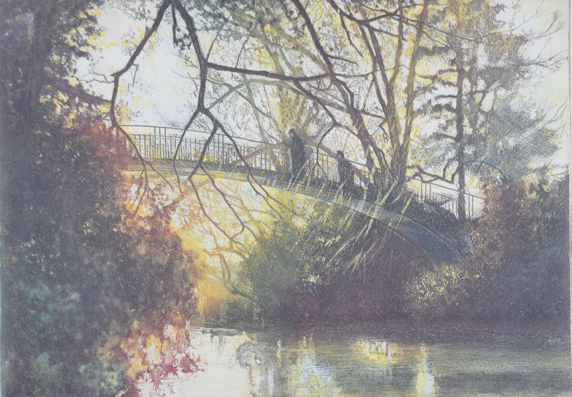 The River Cherwell, Oxford 1981 almanac lithograph after Michael Oelman  For Sale 1