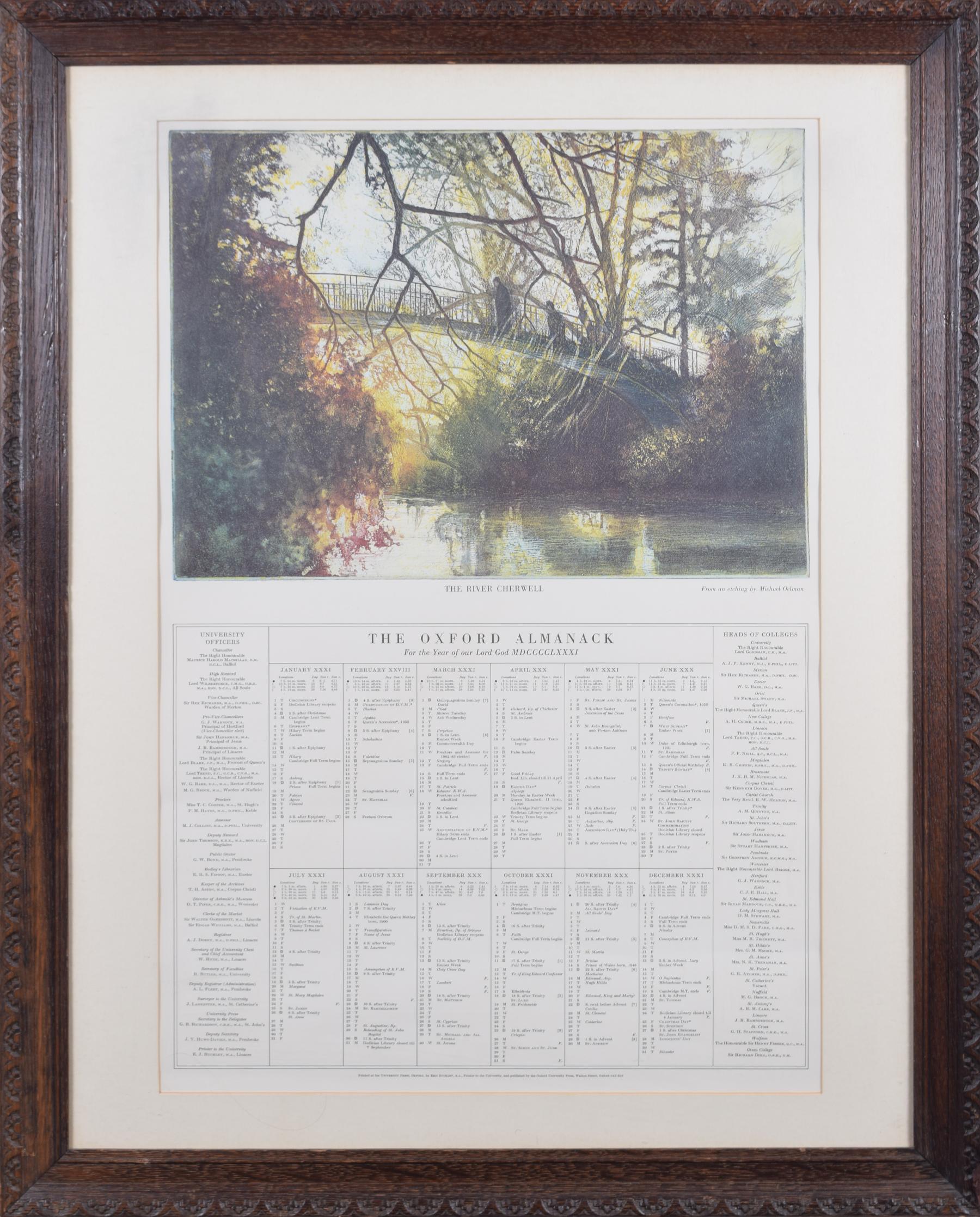 The River Cherwell, Oxford 1981 almanac lithograph after Michael Oelman  For Sale 4
