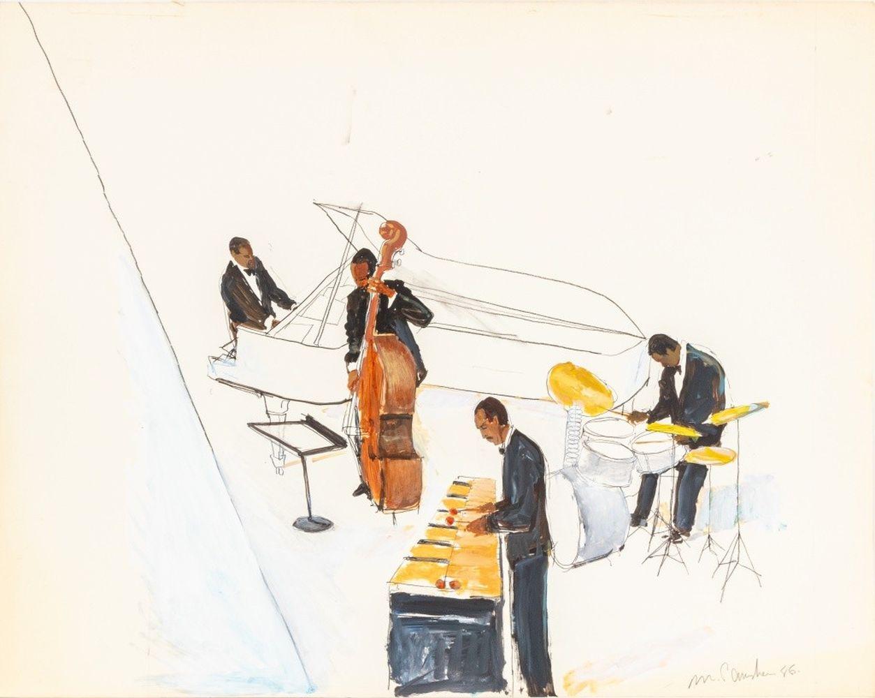 Michael Paraskevas (estadounidense, n. 1961), Dos composiciones de escenas de concierto, Técnica mixta sobre cartulina, 1986, una firmada y fechada a lápiz abajo a la derecha y otra firmada y fechada a lápiz abajo en el centro, sin enmarcar. 23
