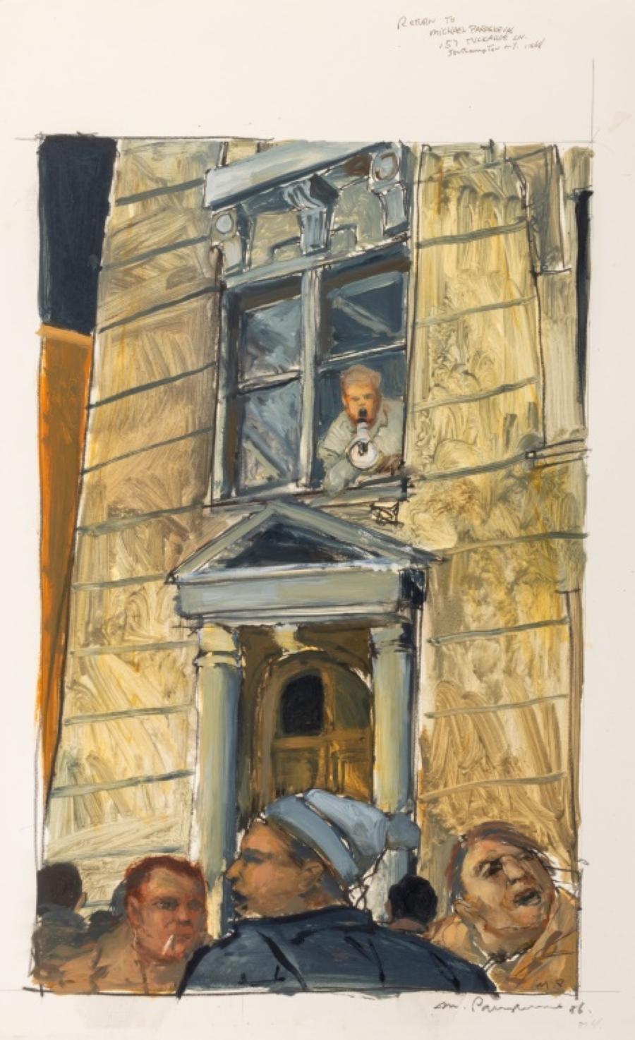 Michael Paraskevas (estadounidense, n. 1961), Protestas en Nueva York, Acrílico sobre papel, 1986, firmado y fechado en el borde inferior, sin enmarcar. Imagen: 19" Al x 12" An; hoja: 23" Al x 14,5" An. Procedencia: De una colección de Nueva York. 
