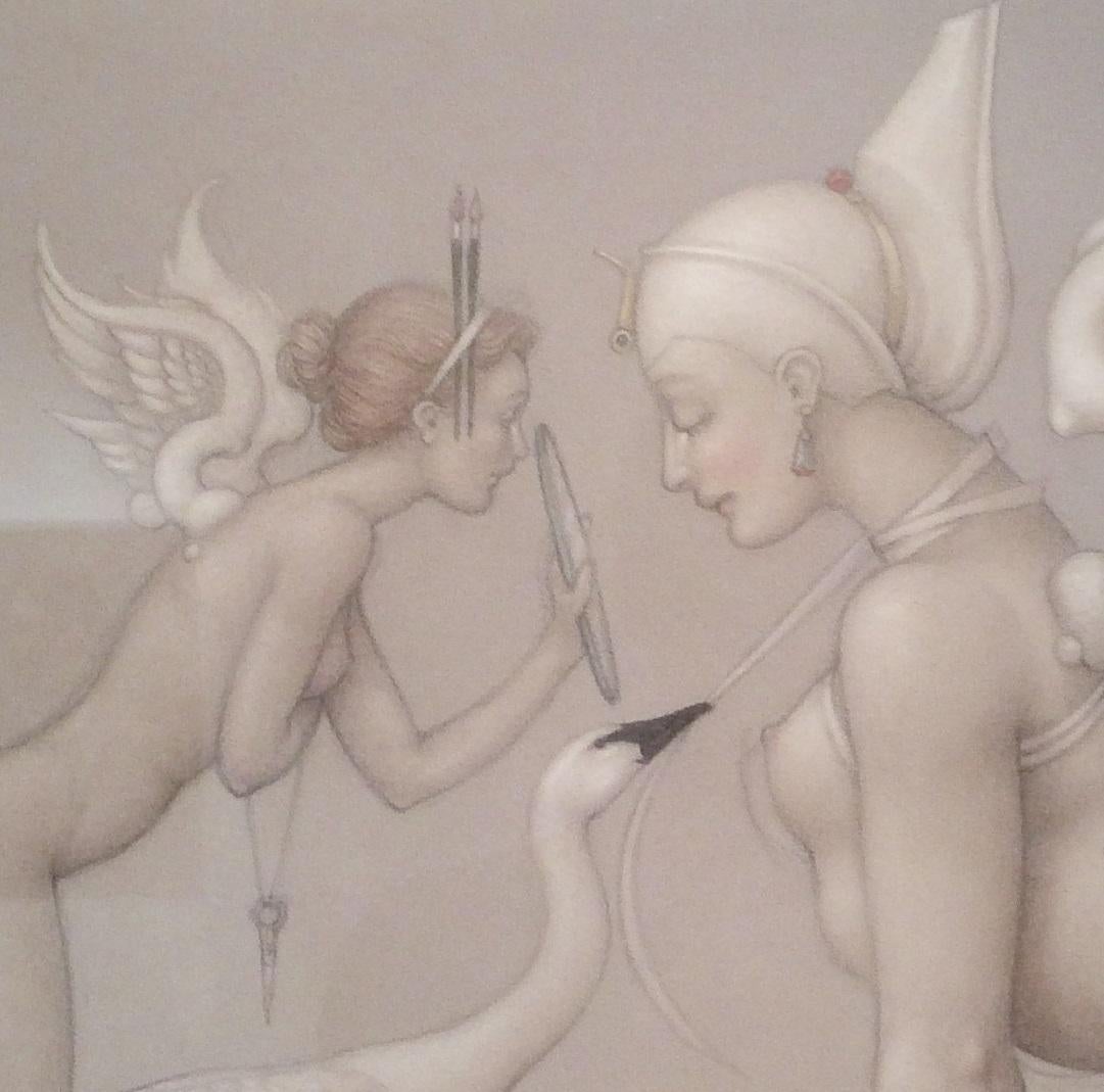Sfinx Oil and Pencil on Panel Swan Angel Teddy Bear Mixed Media In Stock - Painting by Michael Parkes