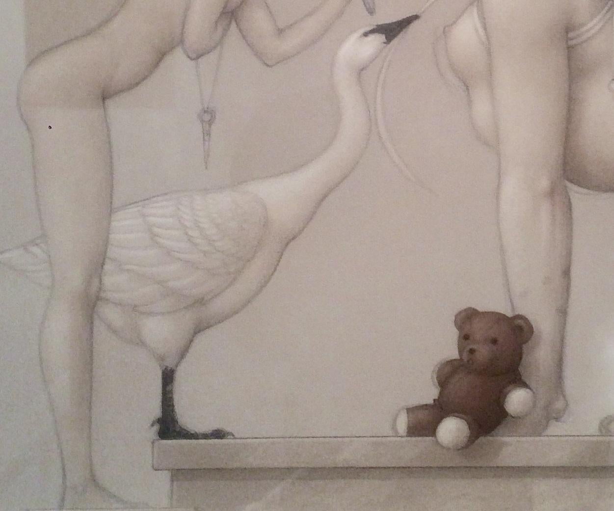 Sfinx Öl und Bleistift auf Tafel Schwan Engel Teddybär Mixed Media Auf Lager (Zeitgenössisch), Painting, von Michael Parkes