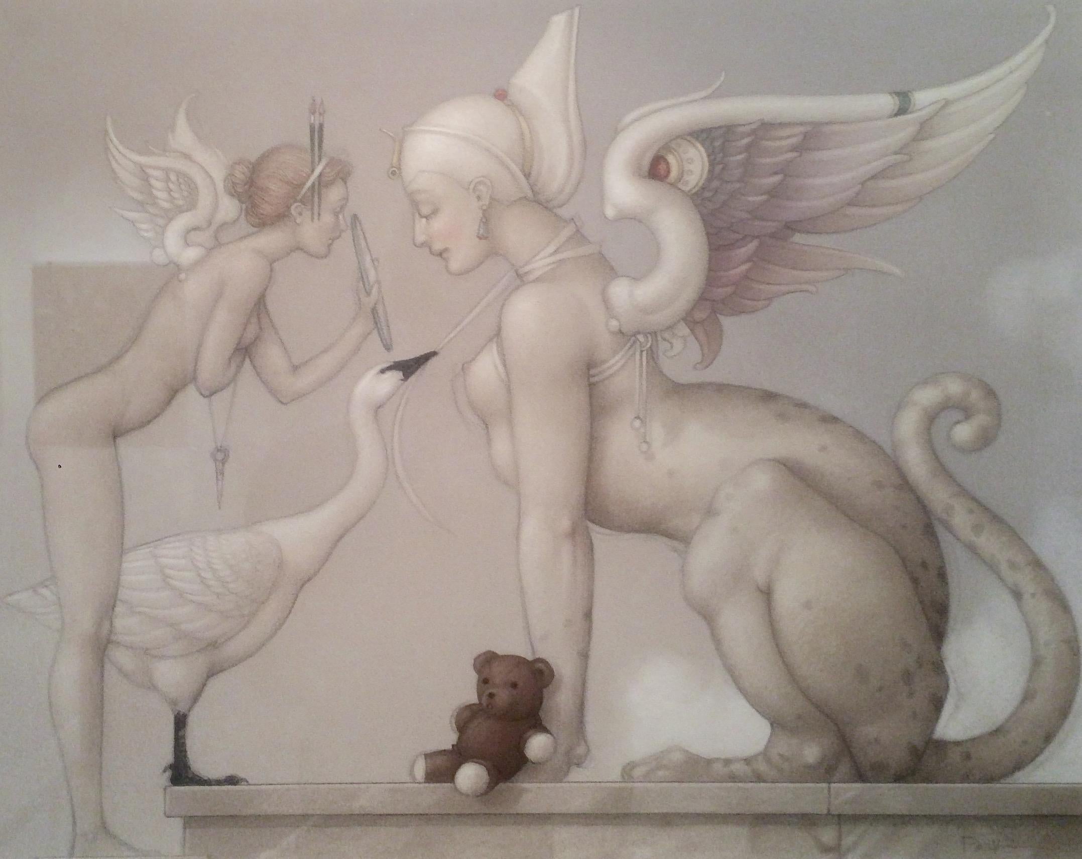 Peinture à l'huile et crayon sur panneau Sfinx Swan Angel Teddy Bear - Techniques mixtes en stock