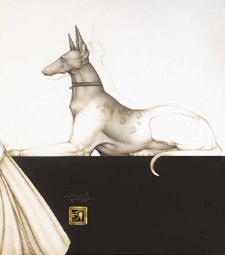 Anubi Mitologia Dio Litografia con cornice Cane Signora Arpa In magazzino - Print di Michael Parkes