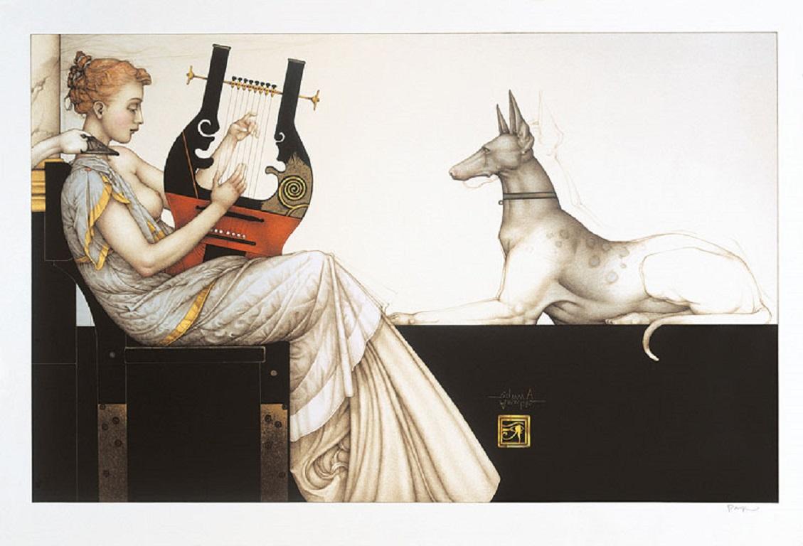 Anubis Mythologie Dieu Lithographie encadrée Chien Dame Harpe En stock 