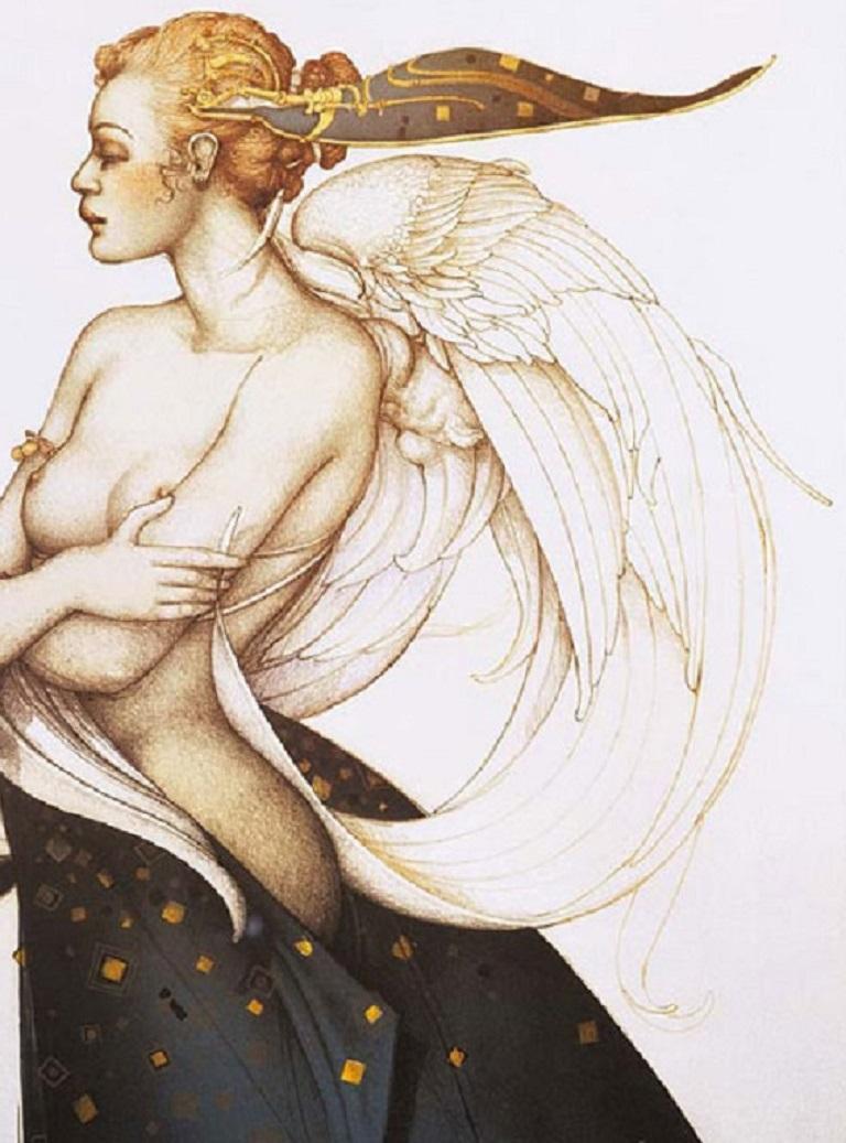 Golden Salamander Lithographie Engel nackte Frau Dame auf Lager (Beige), Nude Print, von Michael Parkes