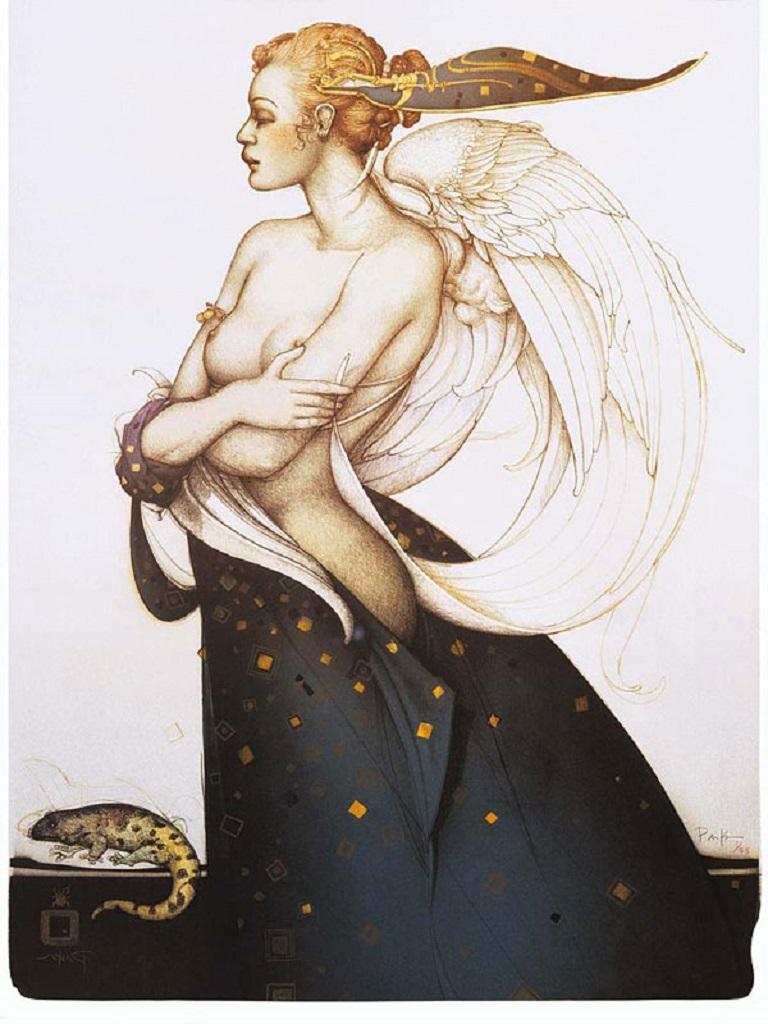 Michael Parkes Nude Print – Golden Salamander Lithographie Engel nackte Frau Dame auf Lager