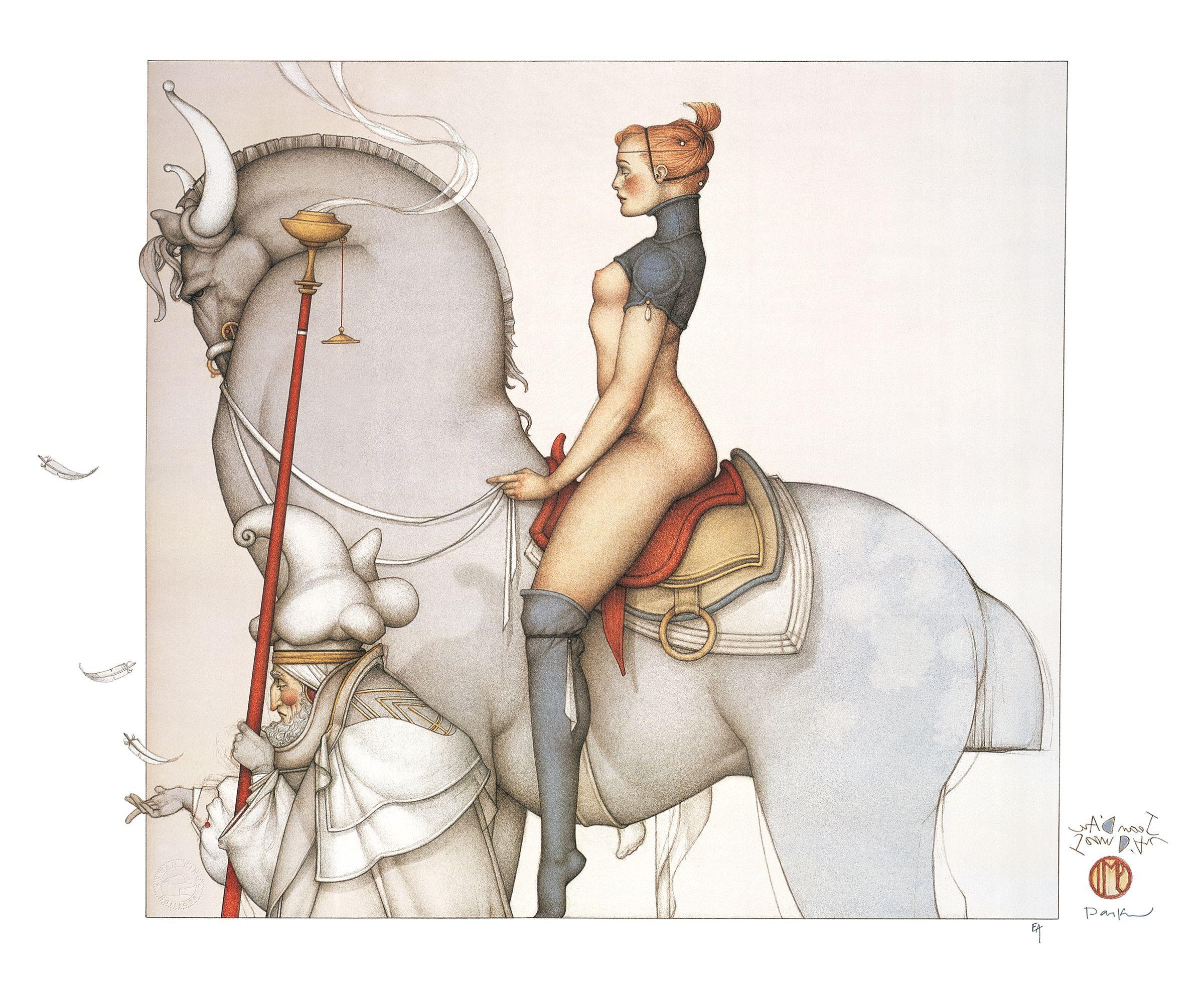 Michael Parkes Nude Print - Jeanne d' Arc Litho Saint War Heroine Horse Nude Girl Woman In Stock
