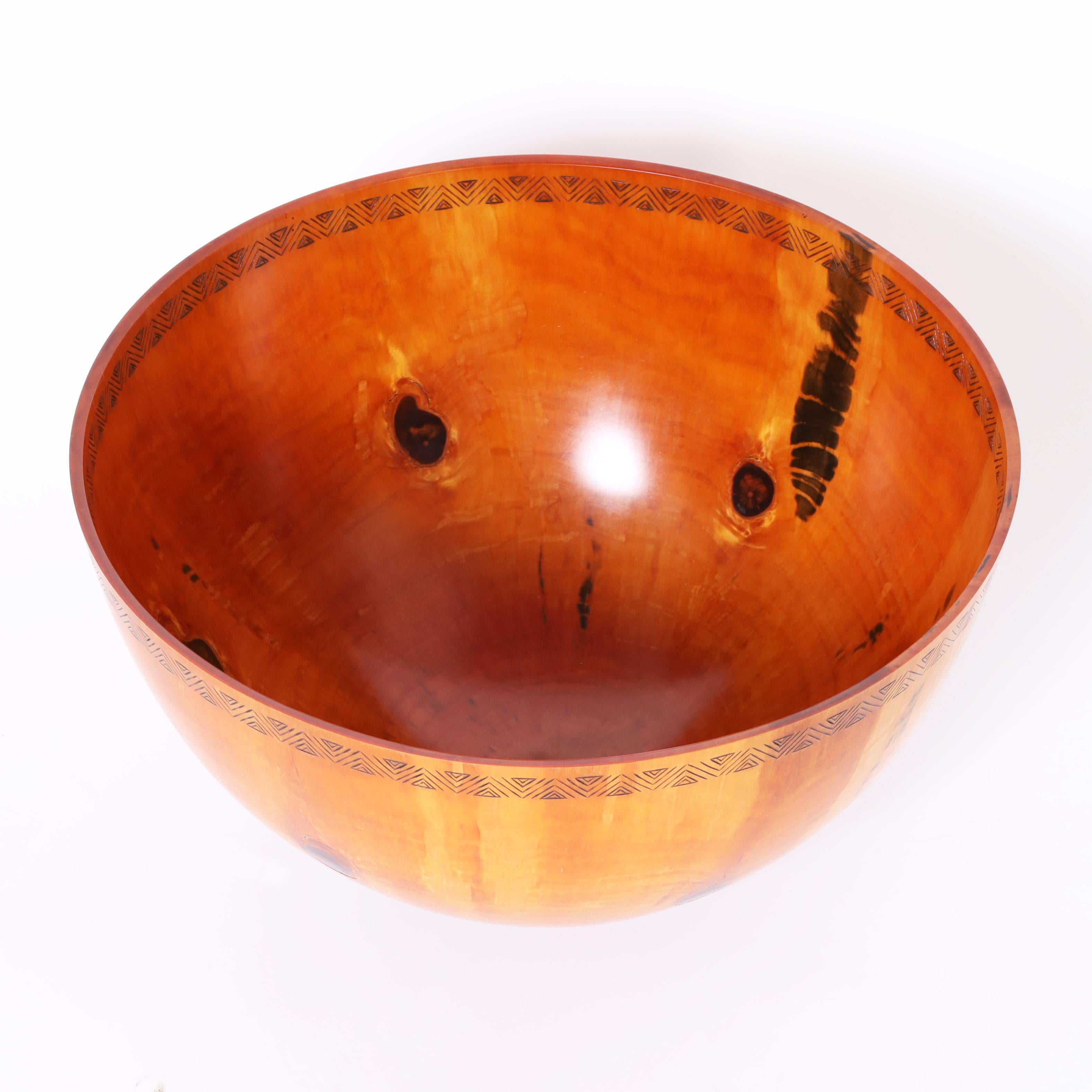 American Michael Patrick Smith Large Turned and Decorated Wood Bowl