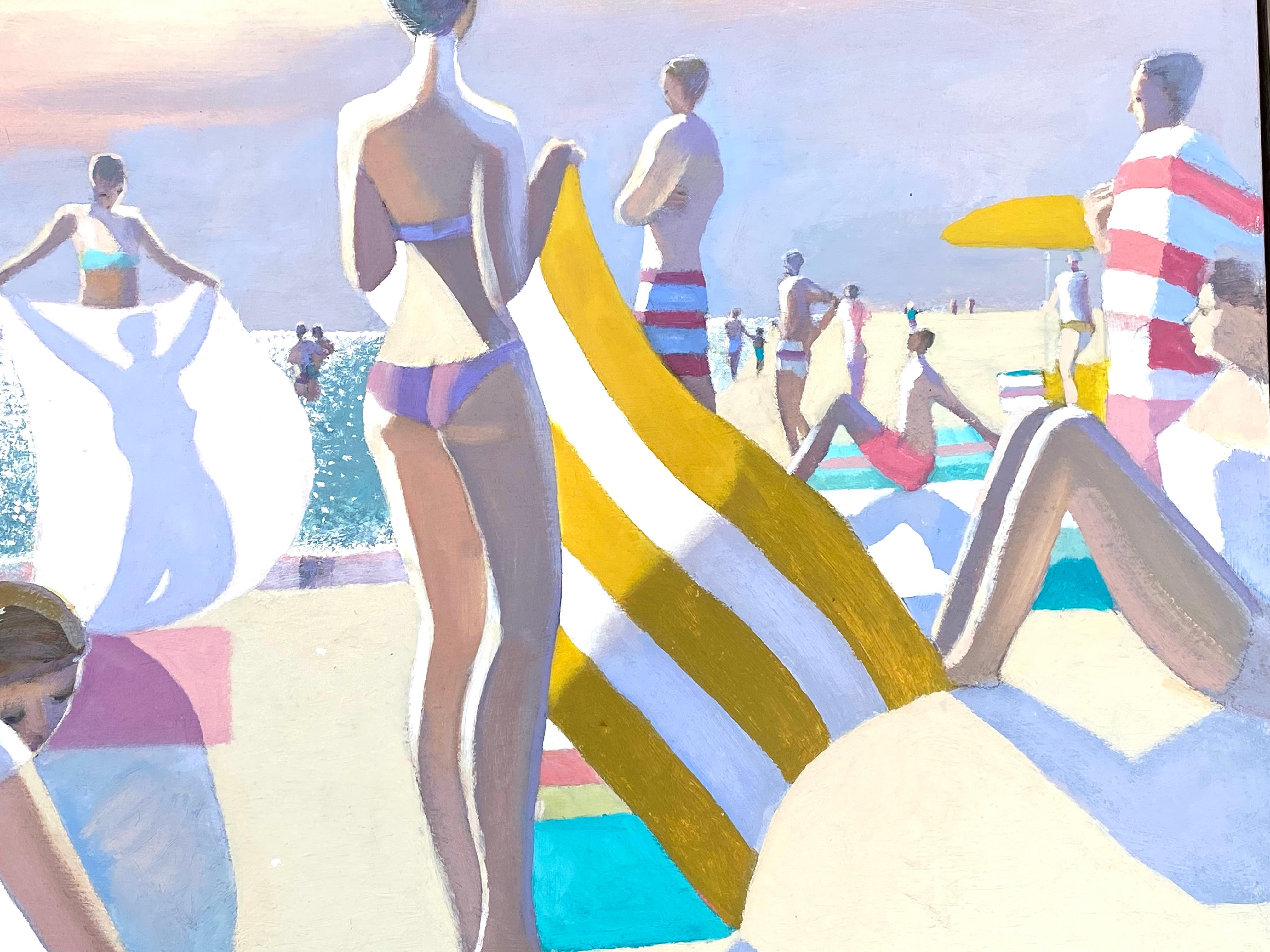 “Gold and White Towel” is the latest painting by the well known American contemporary artist, Michael Patterson. Vibrant and colorful with wonderful light and shadows this painting depicts a bucolic summer day at the beach.  Signed lower right.