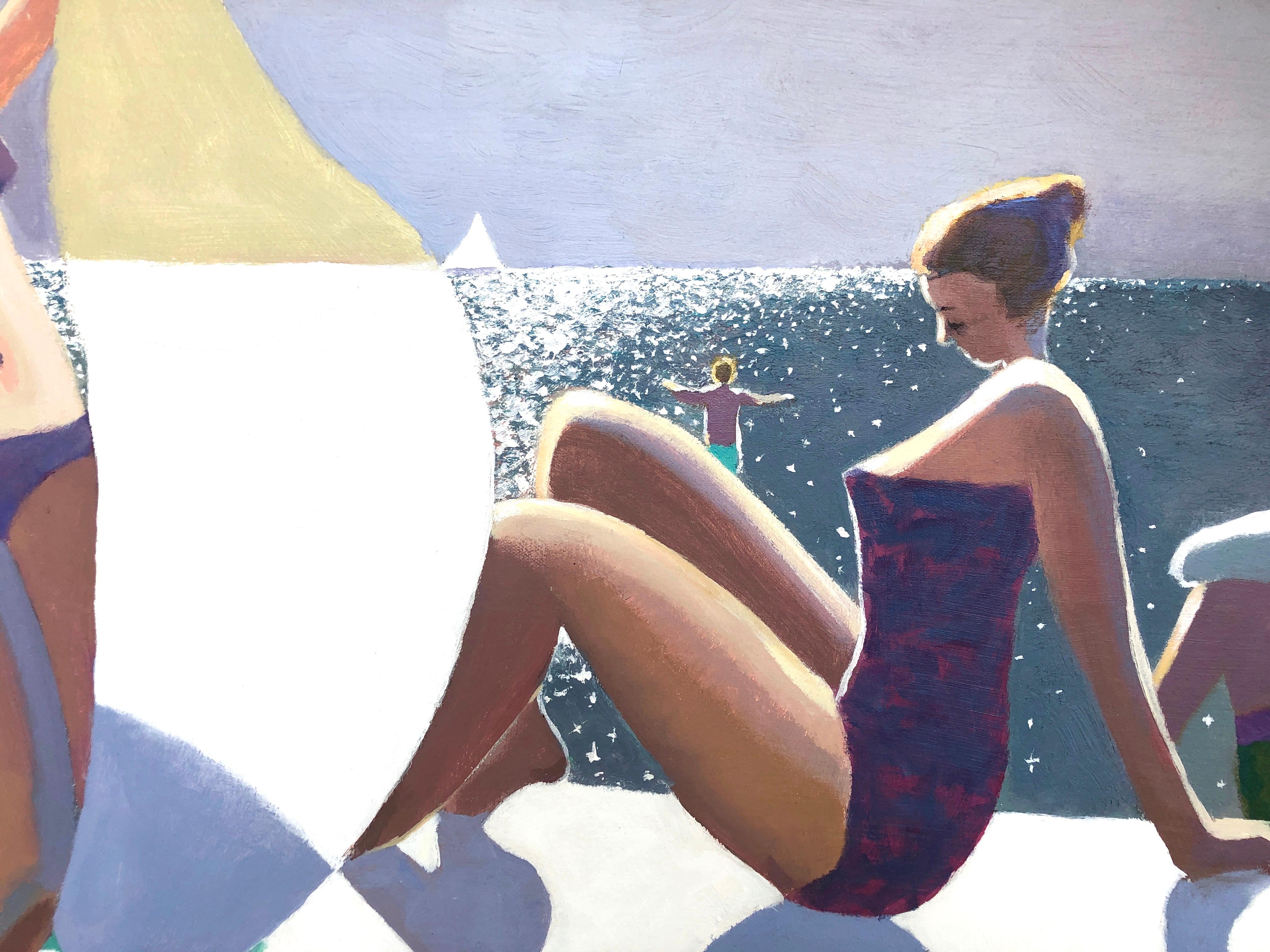 Michael Patterson perfectly captures in this painting the summer day in shapes, forms and reflections.  From the shimmering sea to the figural forms and shadows this painting creates the ideal summer day.  Signed lower right. Condition is excellent.