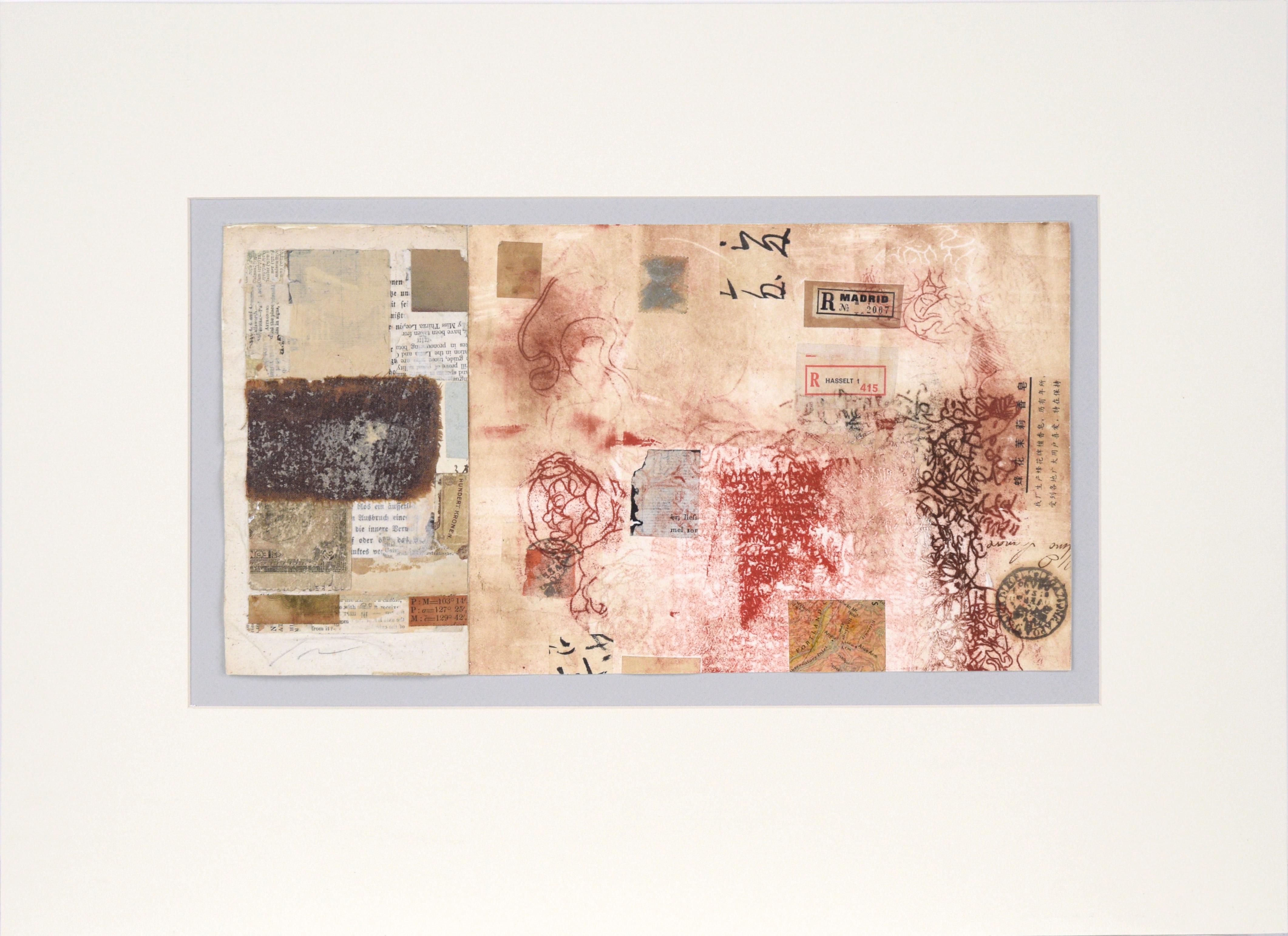 "Anyox" Collage with Chine Colle by Michael Pauker

Small abstract paper collage by Bay Area artist Michael Pauker (American, b. 1957). This piece is created from pieces of antique paper, including maps and labels, assembled in an aesthetically