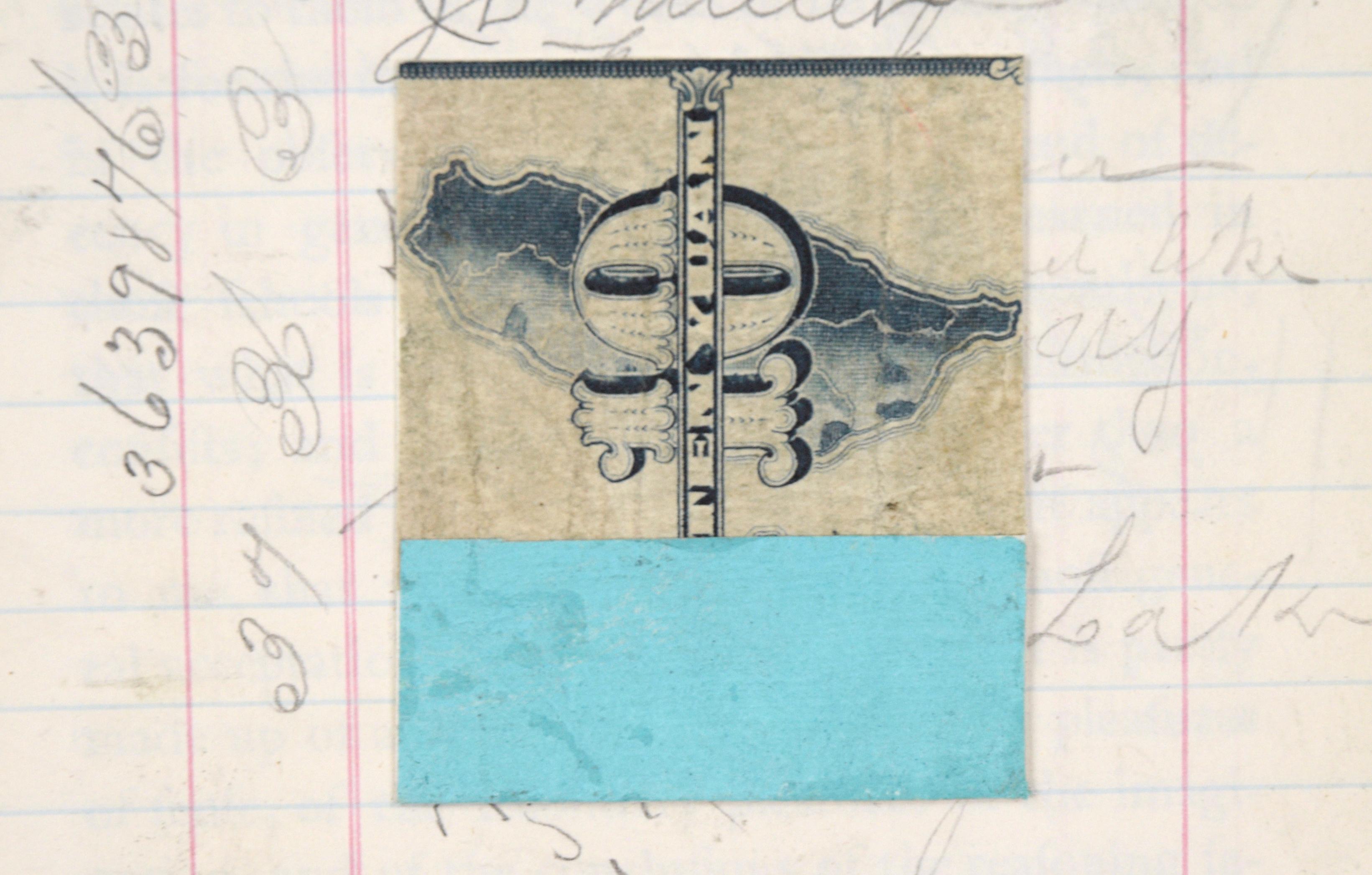 Small abstract paper collage in teal and white by Bay Area artist Michael Pauker (American, b. 1957). This piece is created from a few pieces of antique paper, assembled in an aesthetically pleasing ratio, with teal at the base. These are all