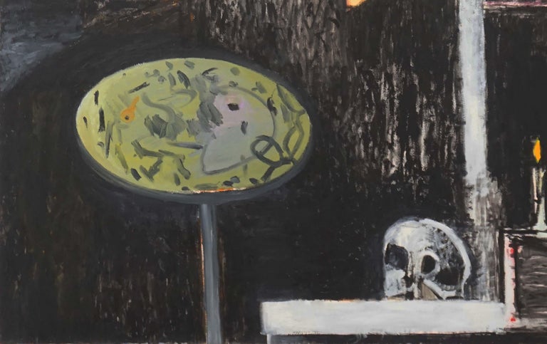 Abstracted Vanitas with Goldfish and Skull - Black Figurative Painting by Michael Pauker 