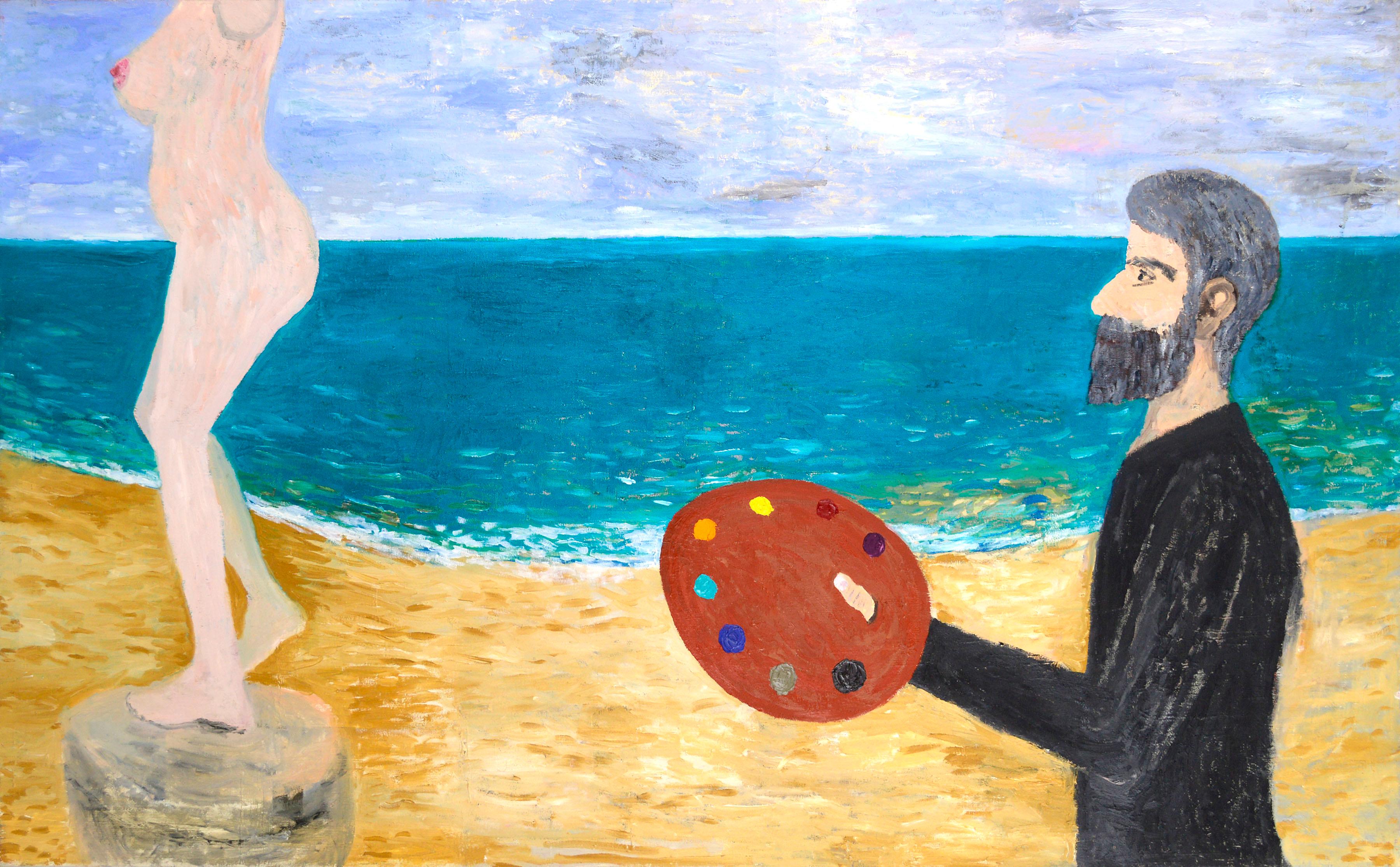 Michael Pauker  Figurative Painting - Artist's Dream II - Figure Painting on Beach, Surreal Self-Portrait